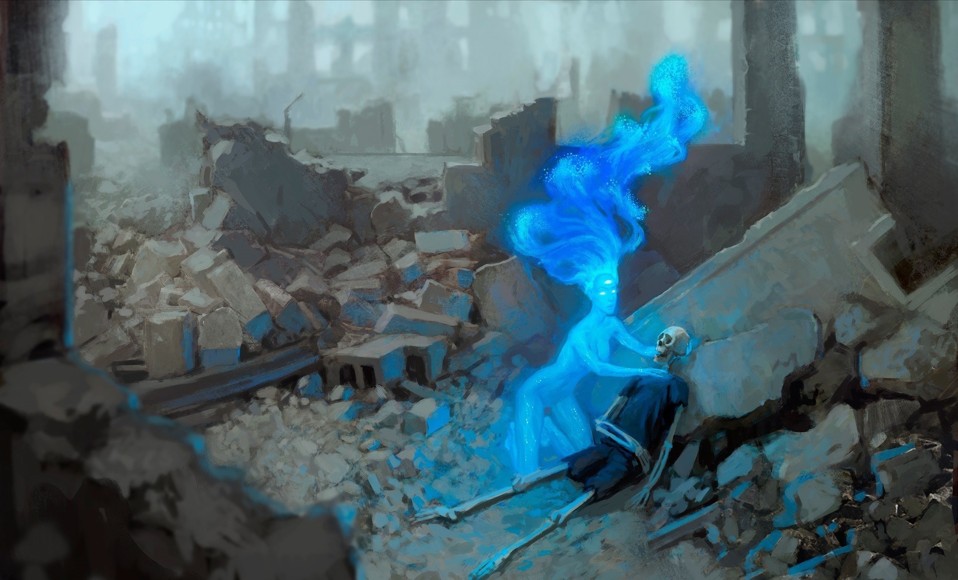 Blue spirit interacting with a skeleton in ruins HD Wallpaper