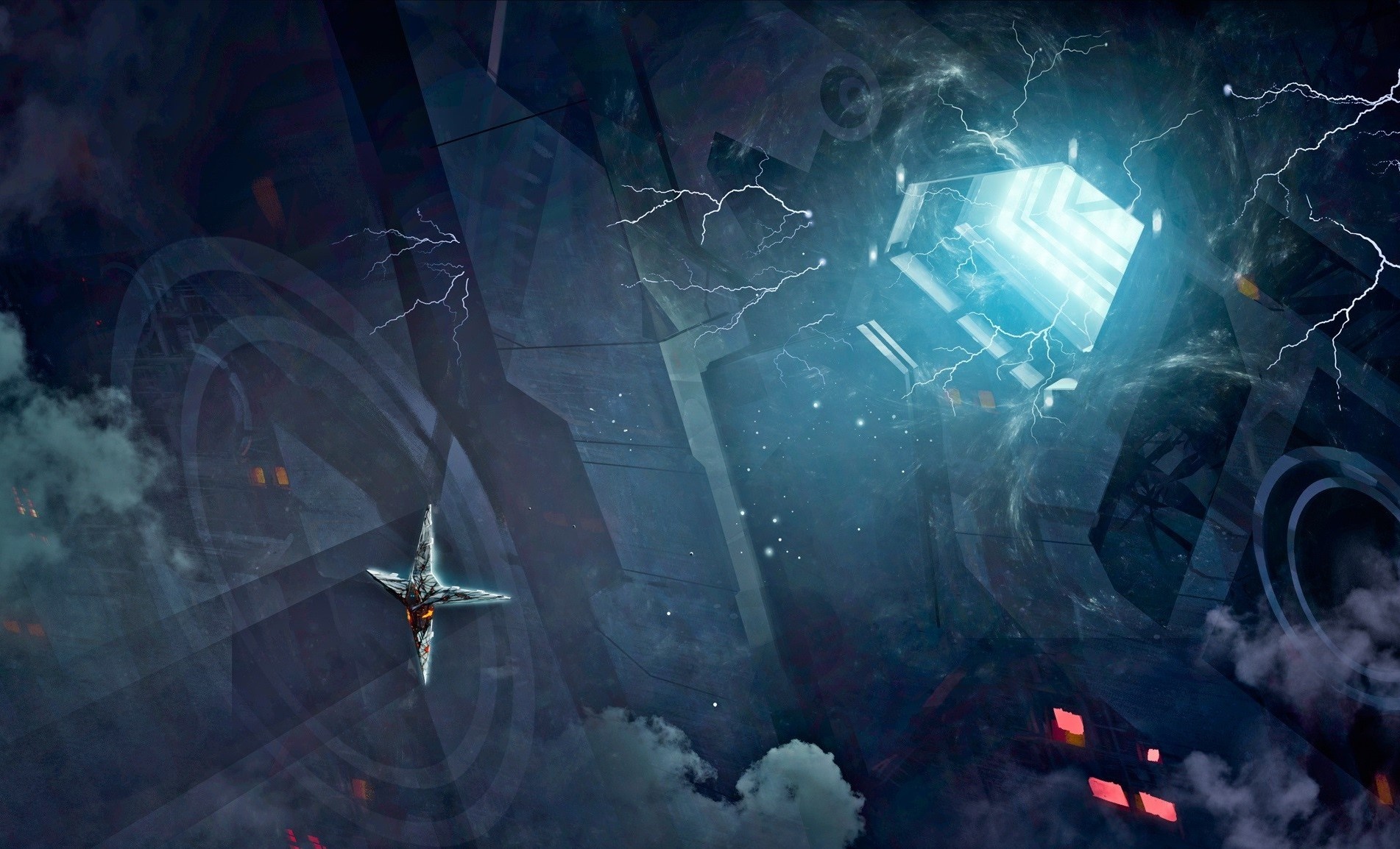 Science fiction artwork with lightning and a starship HD Wallpaper