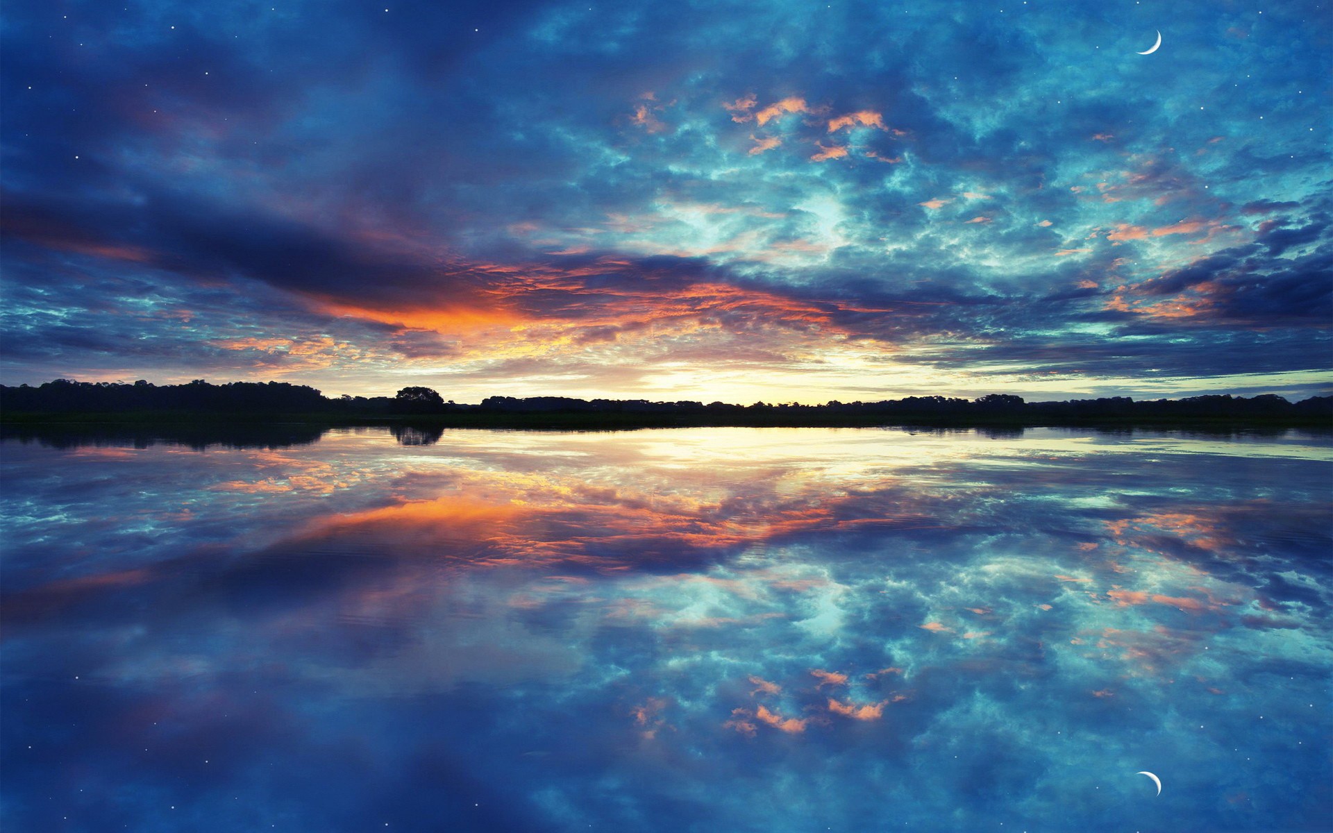 Sunset over a calm lake with colorful clouds and moon HD Wallpaper