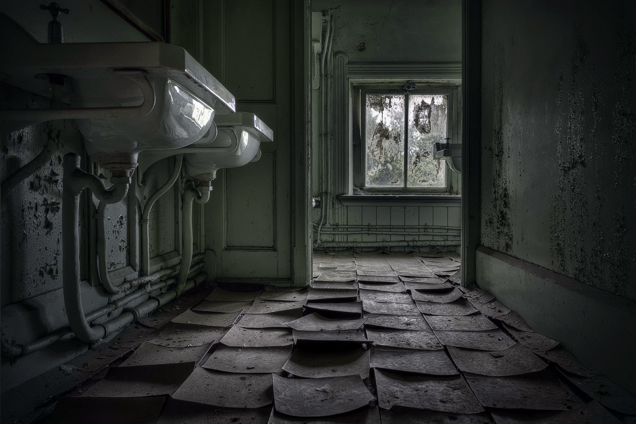 Abandoned bathroom with sinks and broken floor HD Wallpaper