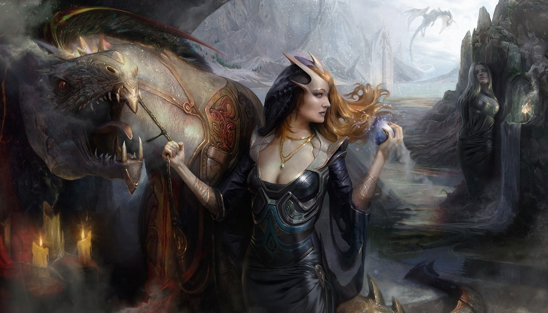 Fantasy art of a woman with a dragon and other figures HD Wallpaper
