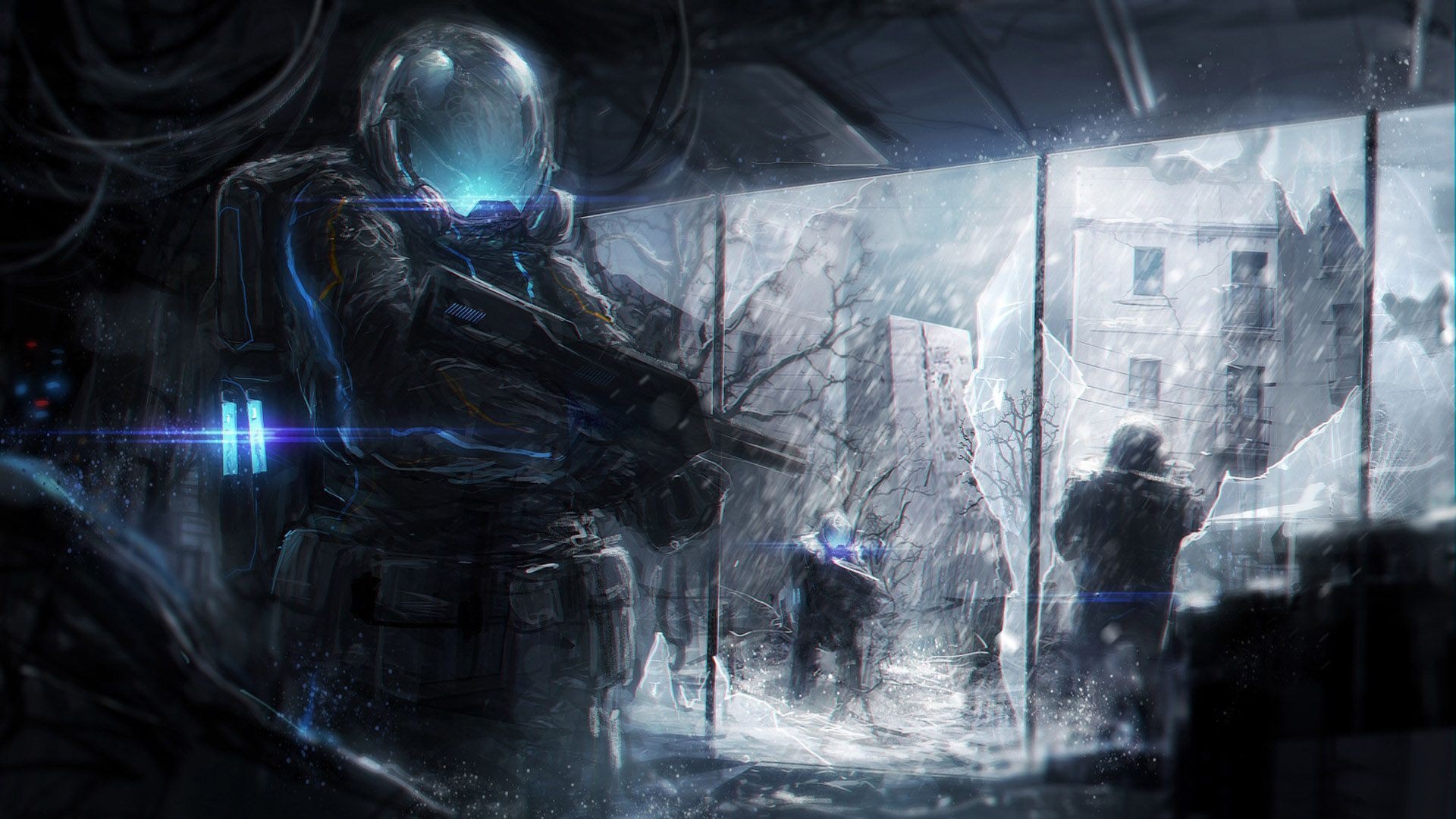 Futuristic soldier in a dark, snowy environment HD Wallpaper