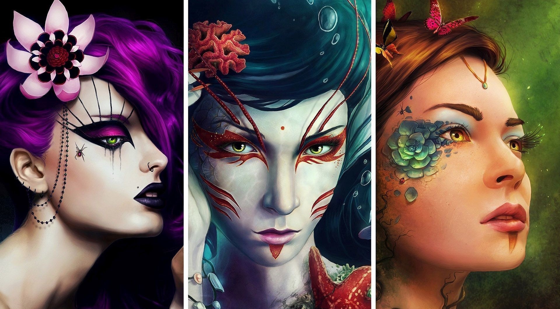 Three fantasy women with elaborate makeup and adornments HD Wallpaper