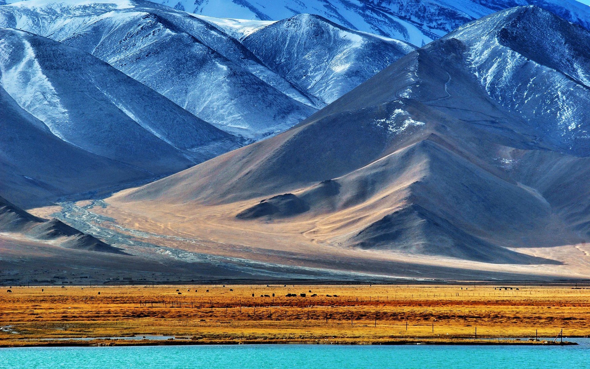 Snowy mountains and a lake in Tajikistan HD Wallpaper