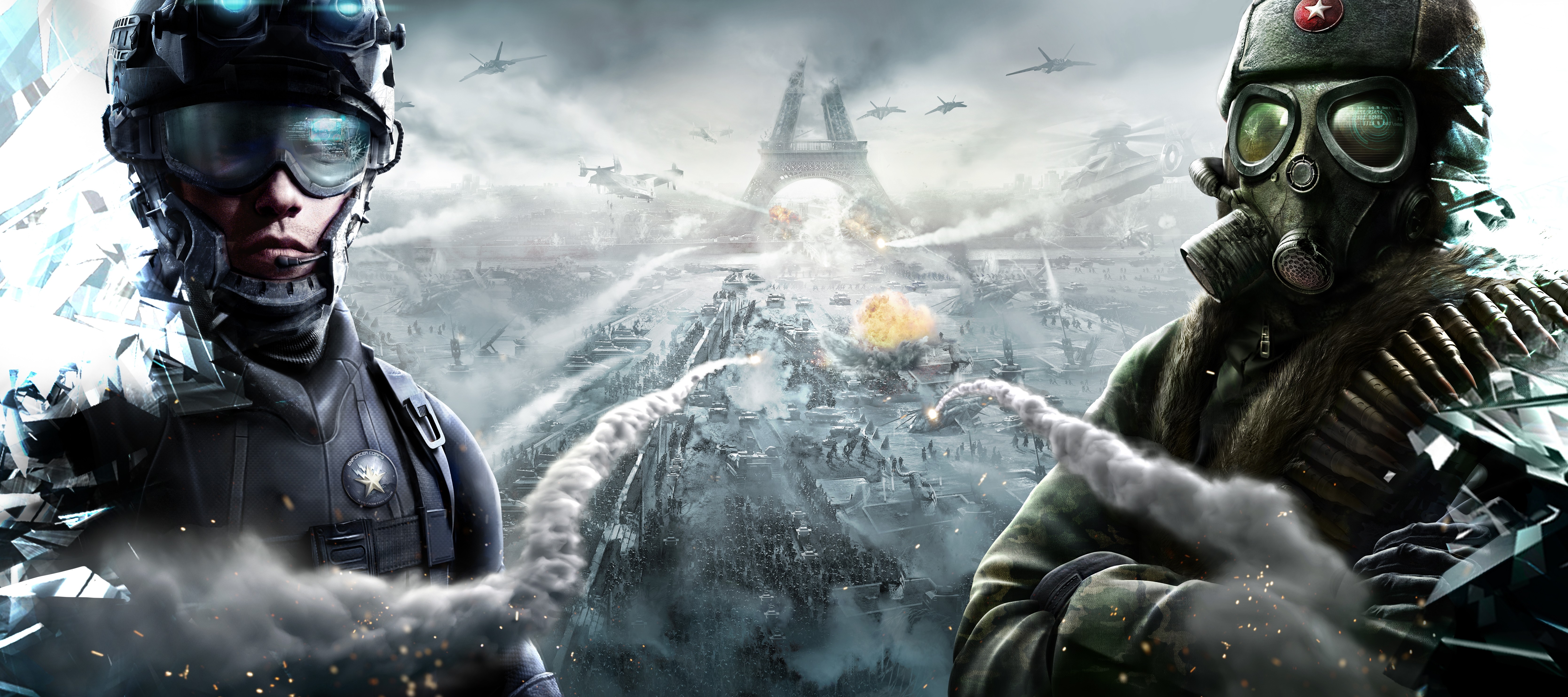 Tom Clancy's EndWar game art with soldiers and Paris HD Wallpaper