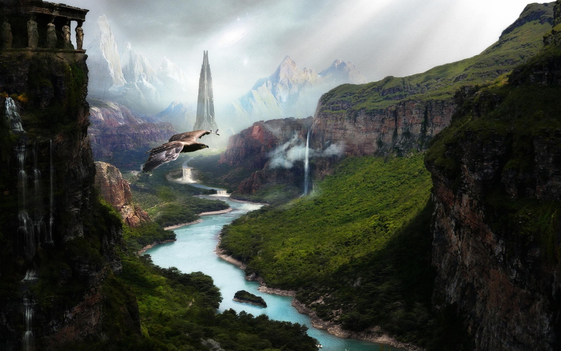 Fantasy landscape with ancient ruins, flying bird, and river HD Wallpaper