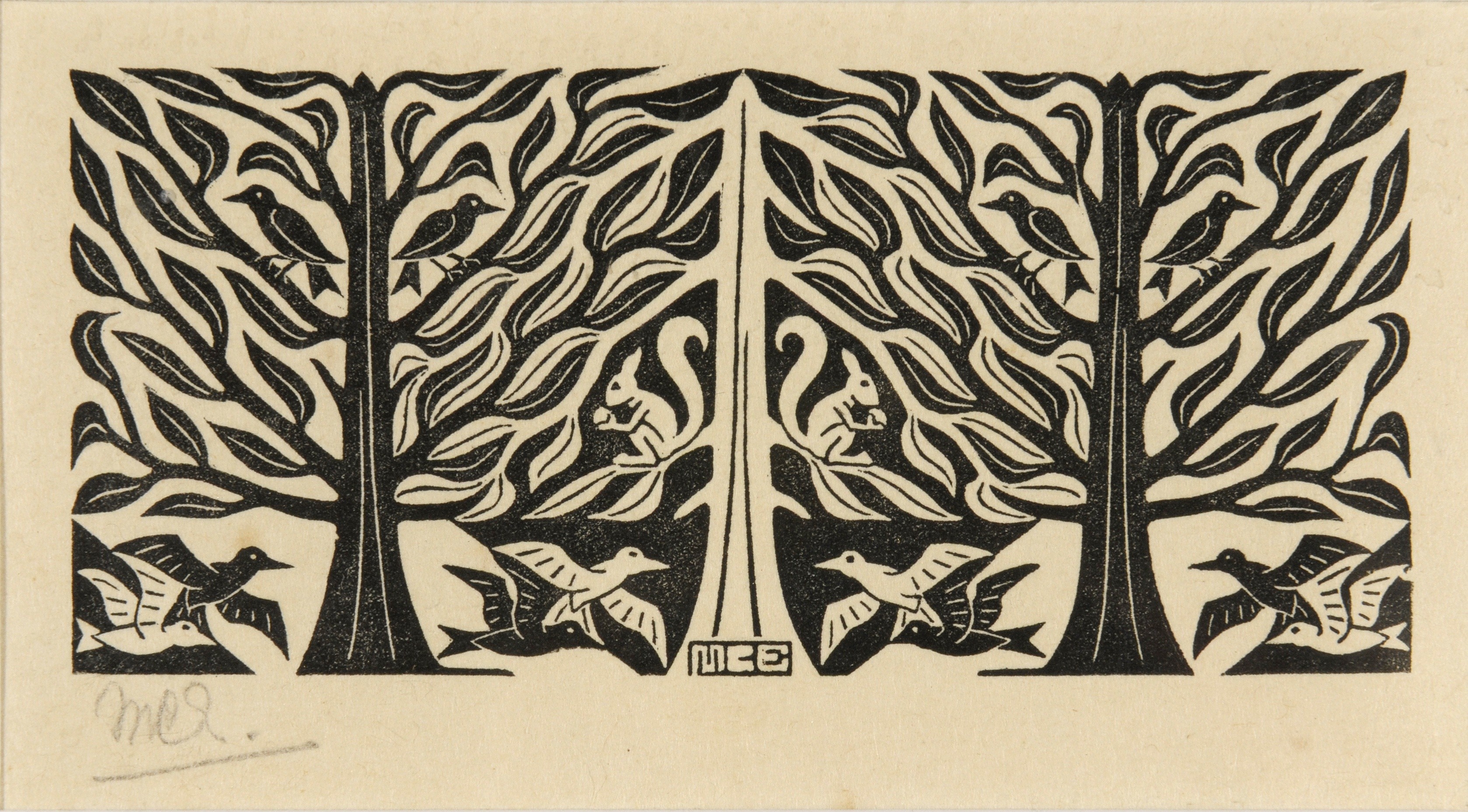 Woodcut of trees with birds and squirrels, M.C. Escher HD Wallpaper