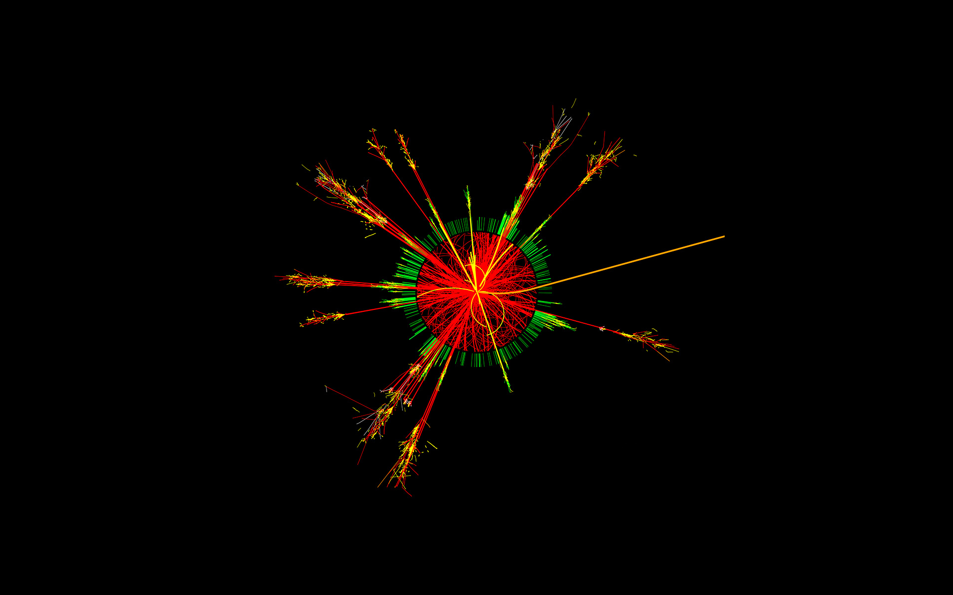 Abstract particle collision visualization with red, green, and yellow lines HD Wallpaper