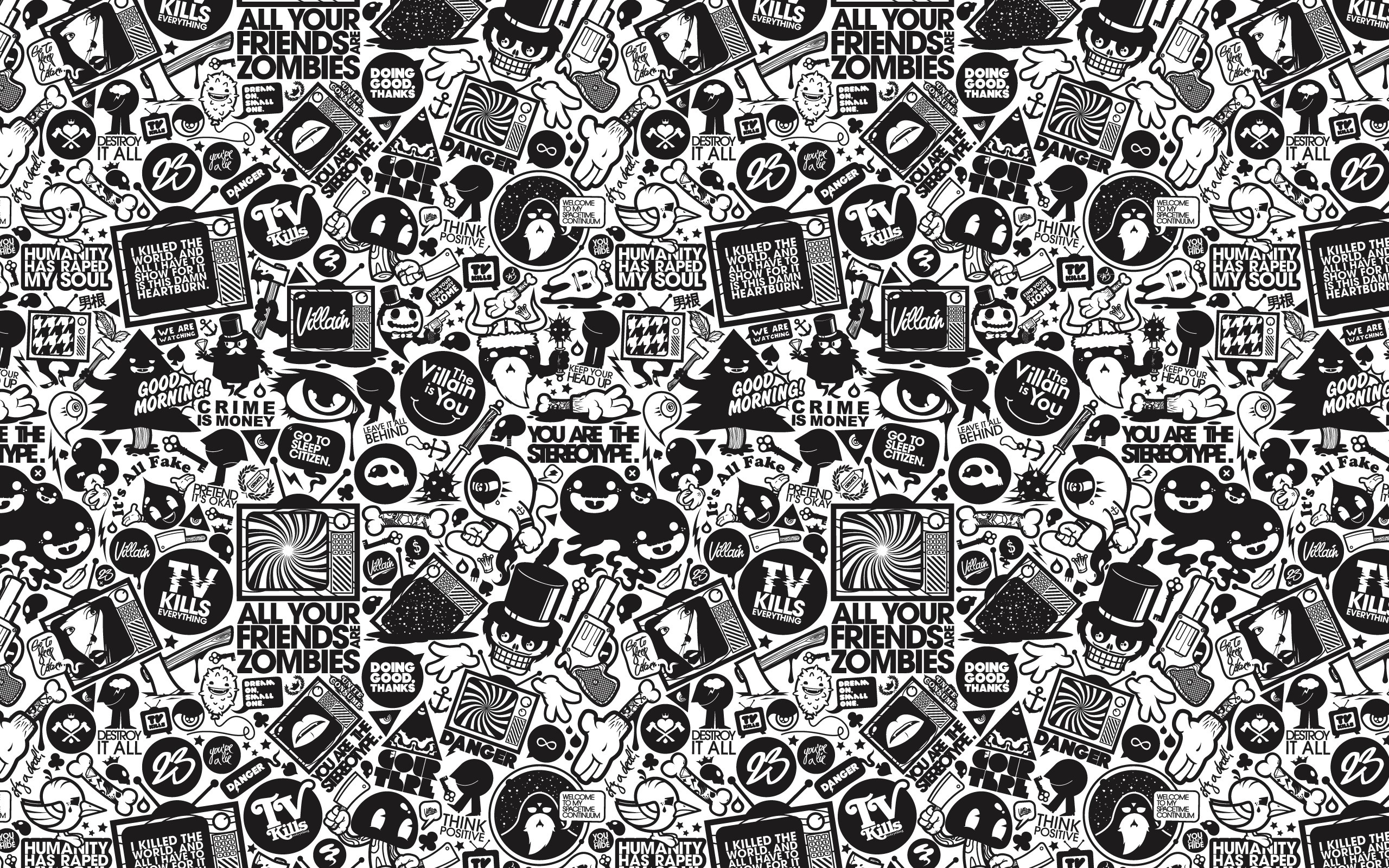 Monochrome pattern with text and drawings HD Wallpaper