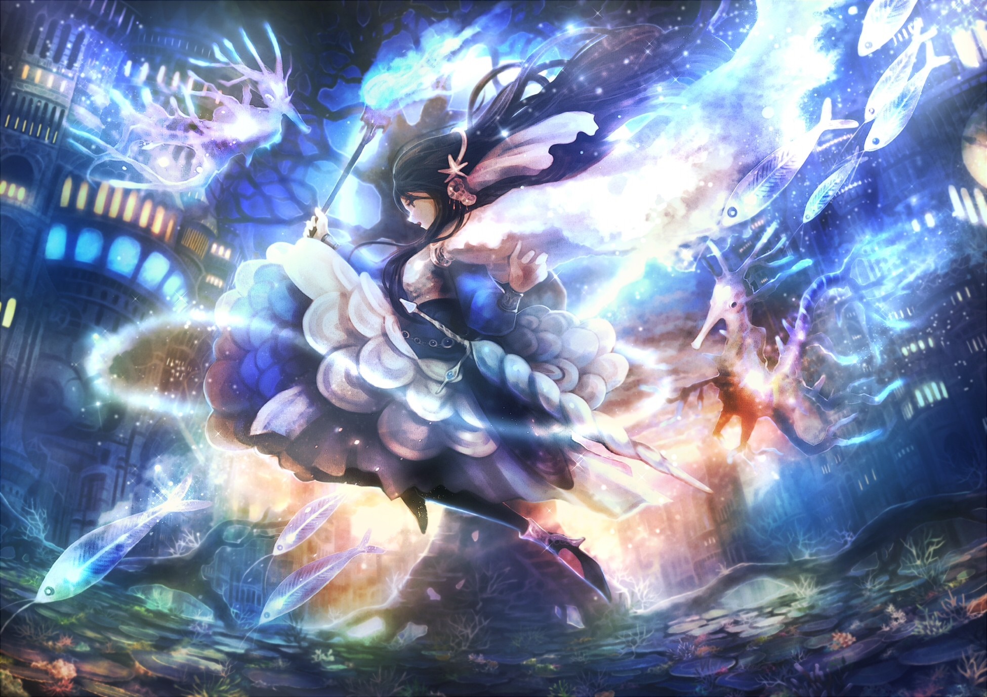 Anime girl with magical staff and fish in underwater city HD Wallpaper