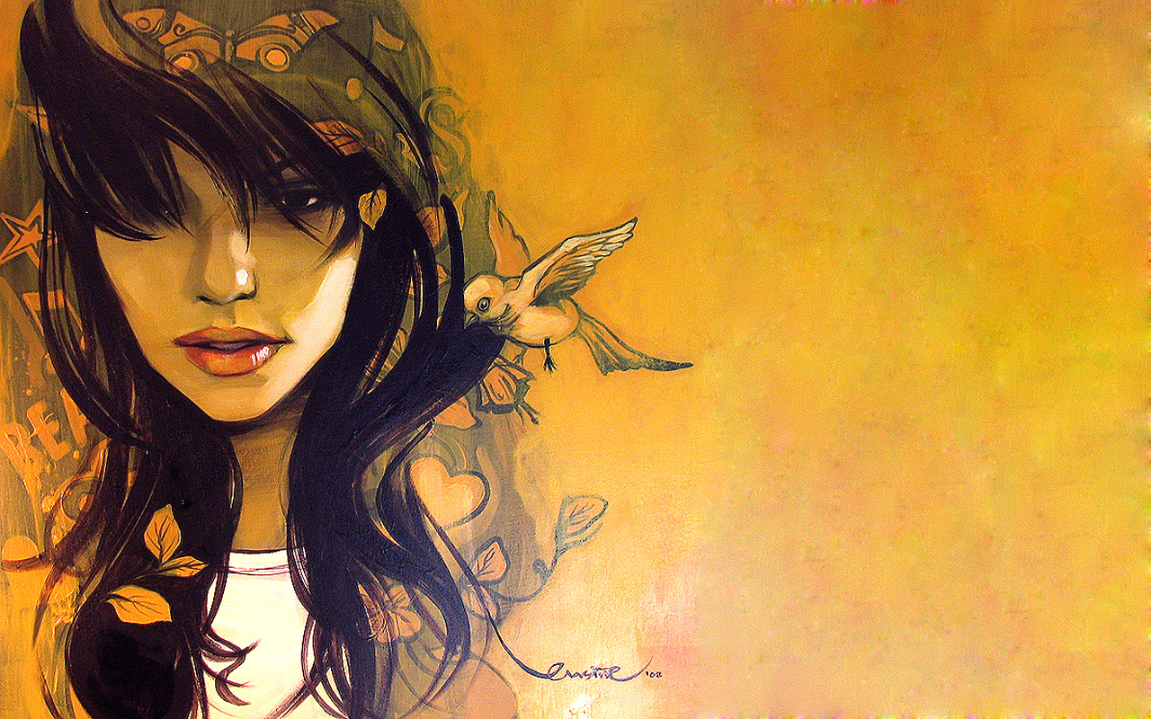 Illustration of a woman with a bird HD Wallpaper