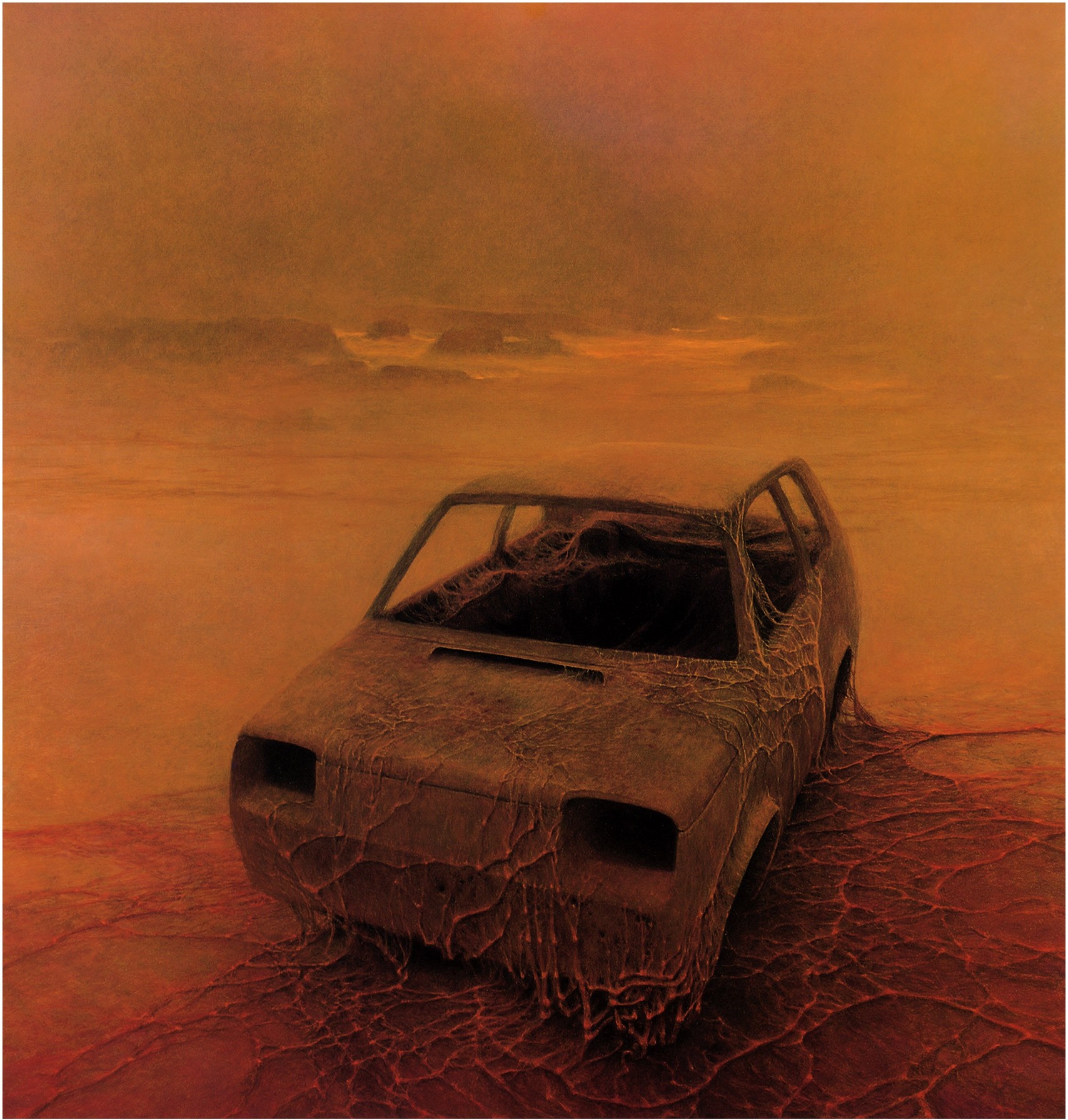 Painting of a decaying car in a desolate landscape HD Wallpaper