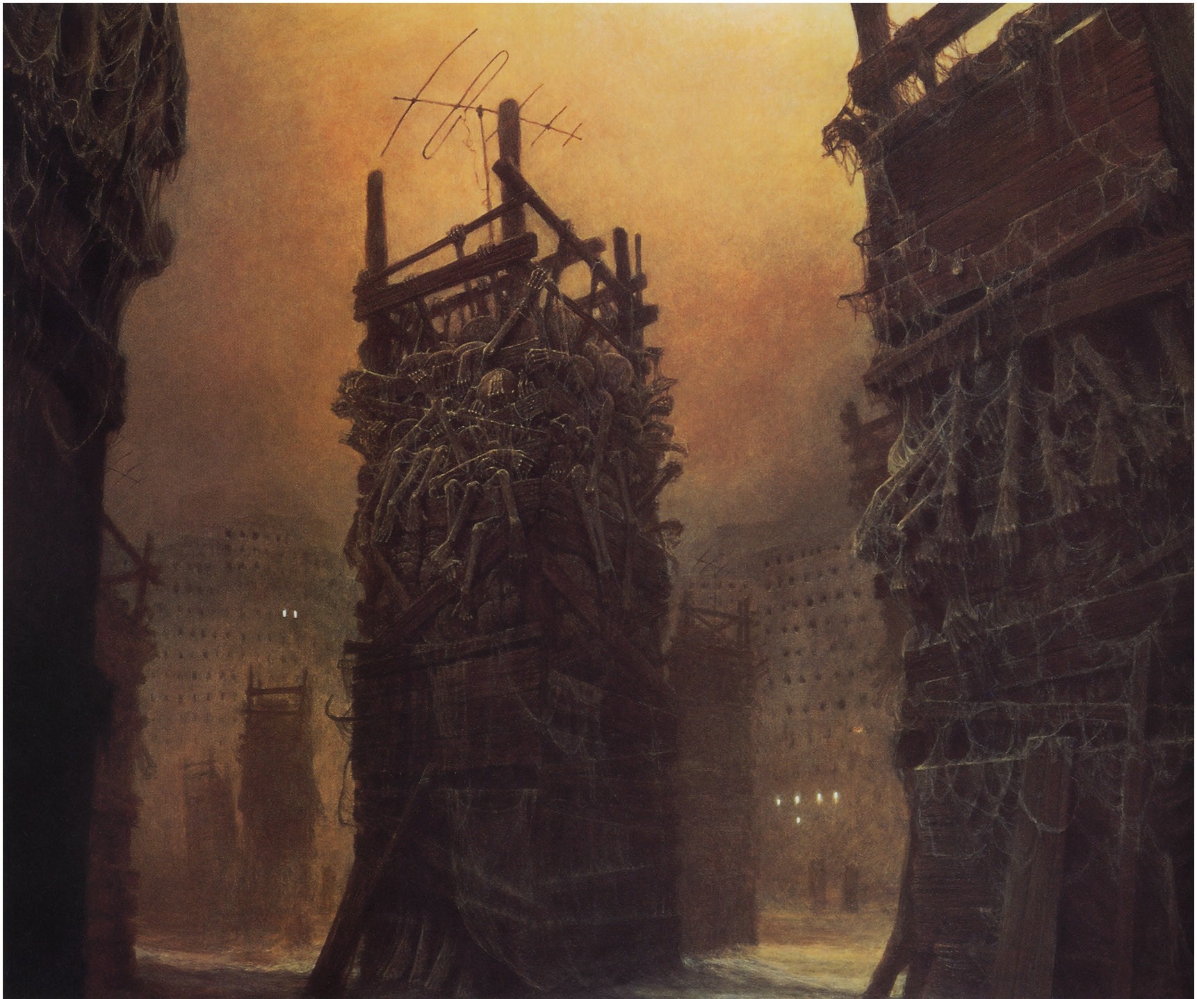 Painting of a macabre, skeletal structure by Zdzisław Beksiński HD Wallpaper