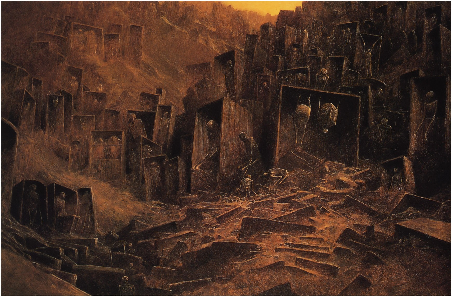 Painting of a desolate landscape with wooden structures and skeletons by Zdzisław Beksiński HD Wallpaper