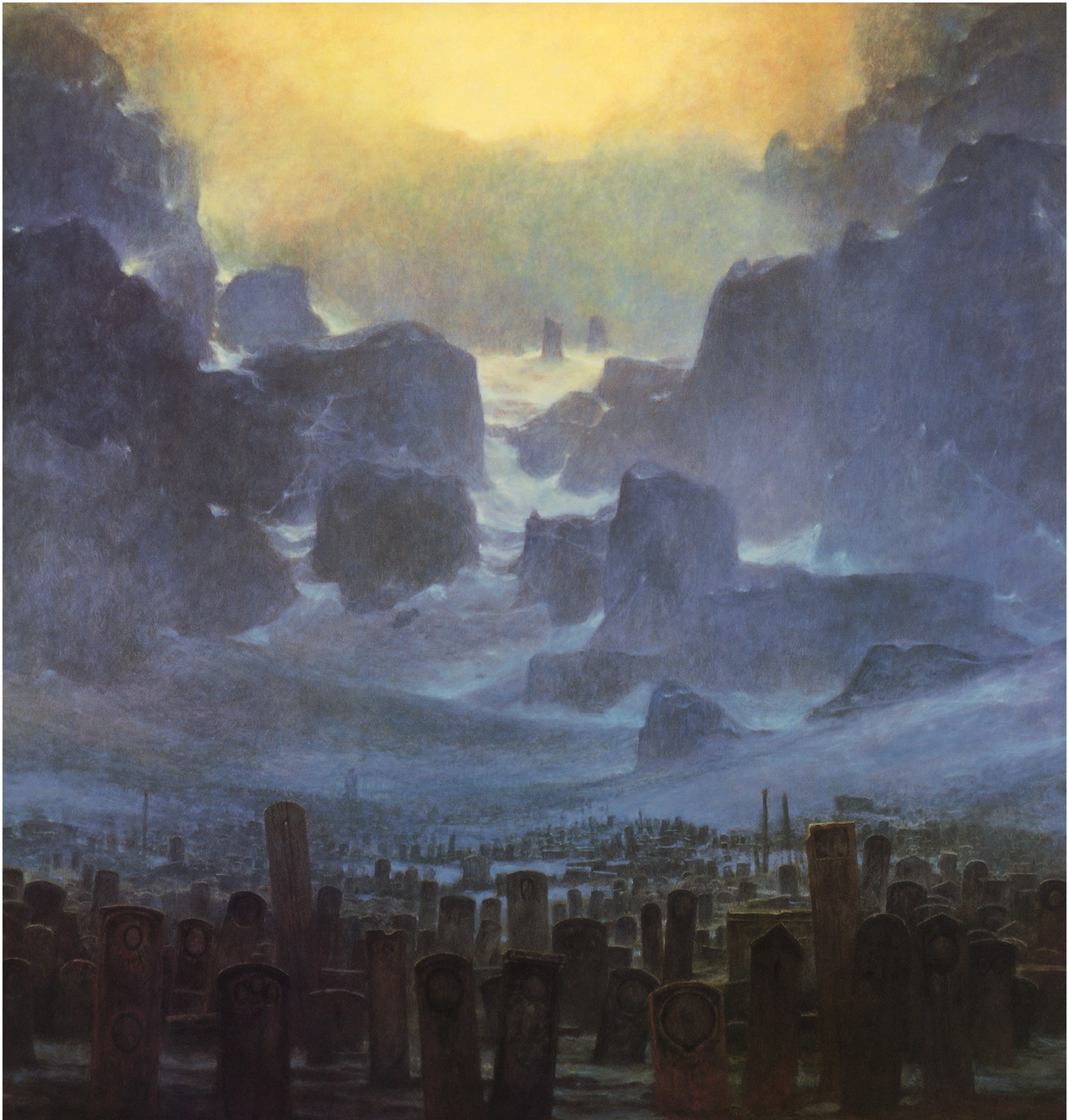 Painting of a graveyard with rocky landscape and yellow sky HD Wallpaper