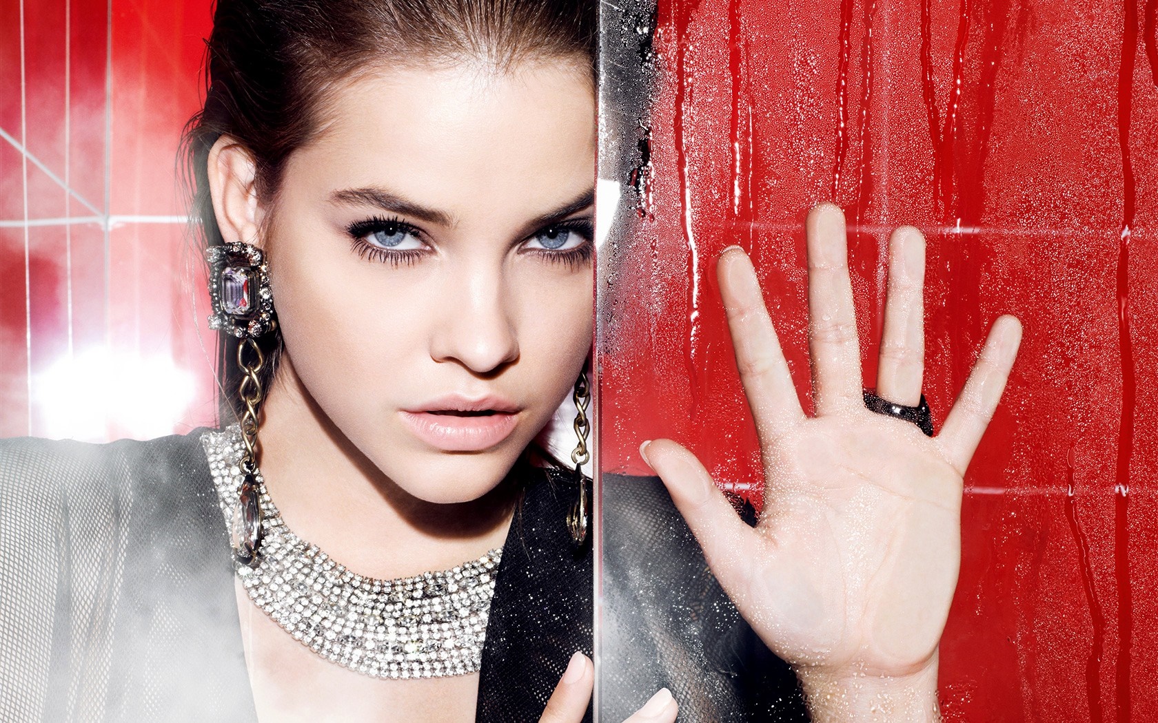 Barbara Palvin with wet red background and jewelry HD Wallpaper