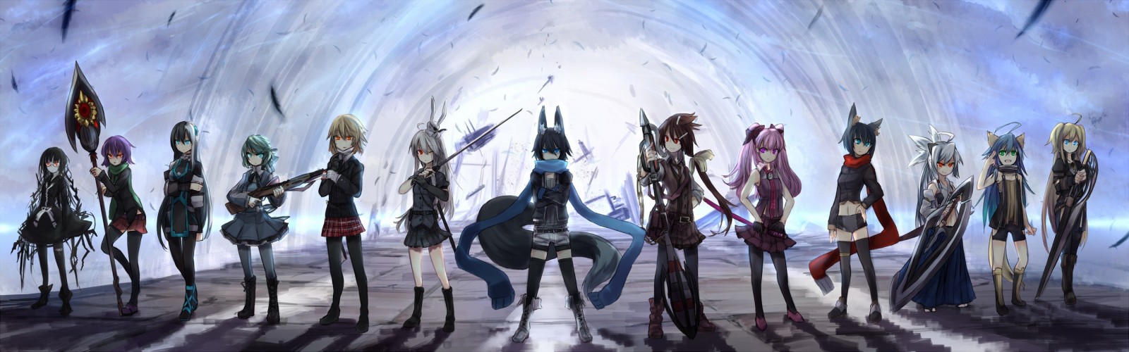 Group of anime girls with weapons HD Wallpaper