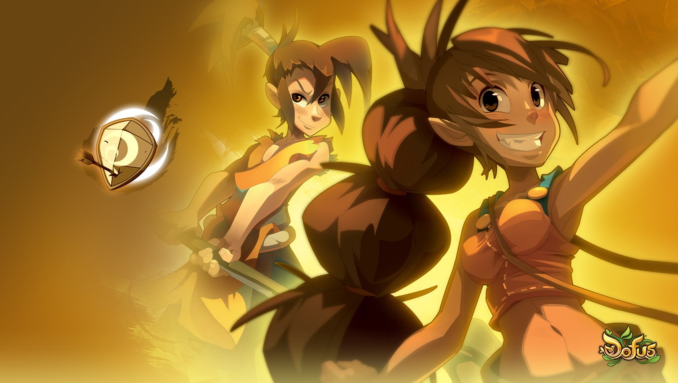 Two characters from Dofus with a shield and arrow HD Wallpaper