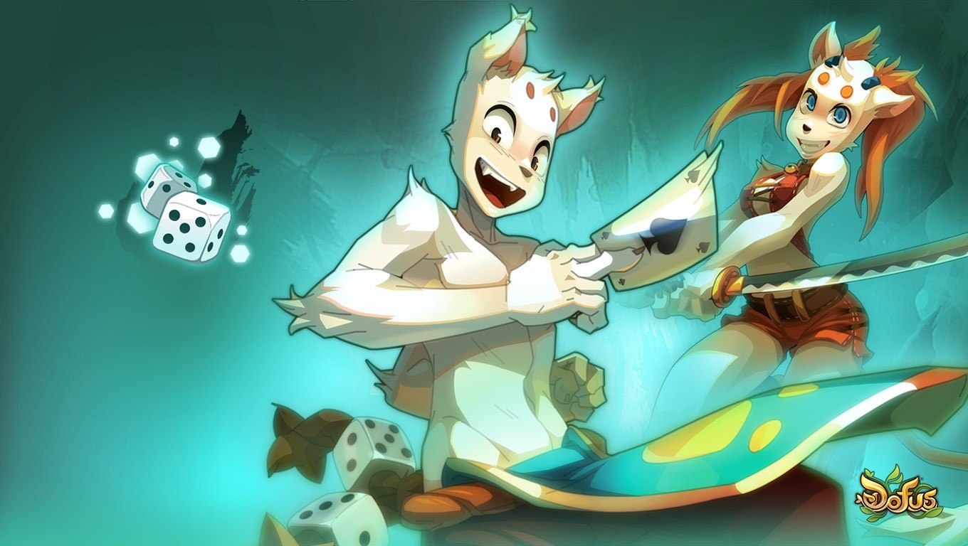 Characters from Dofus playing with dice and cards HD Wallpaper
