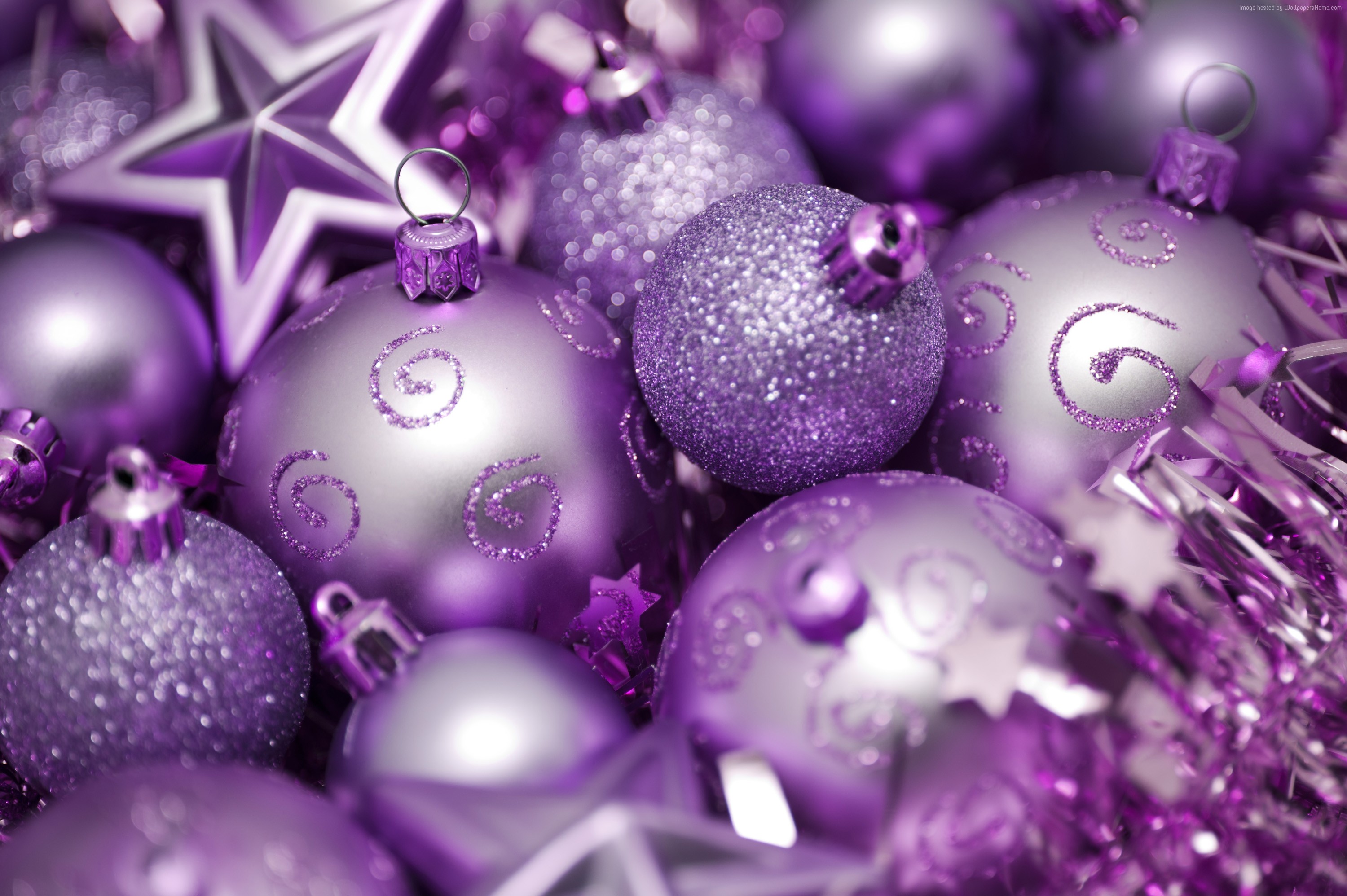 Purple Christmas ornaments and star decorations HD Wallpaper