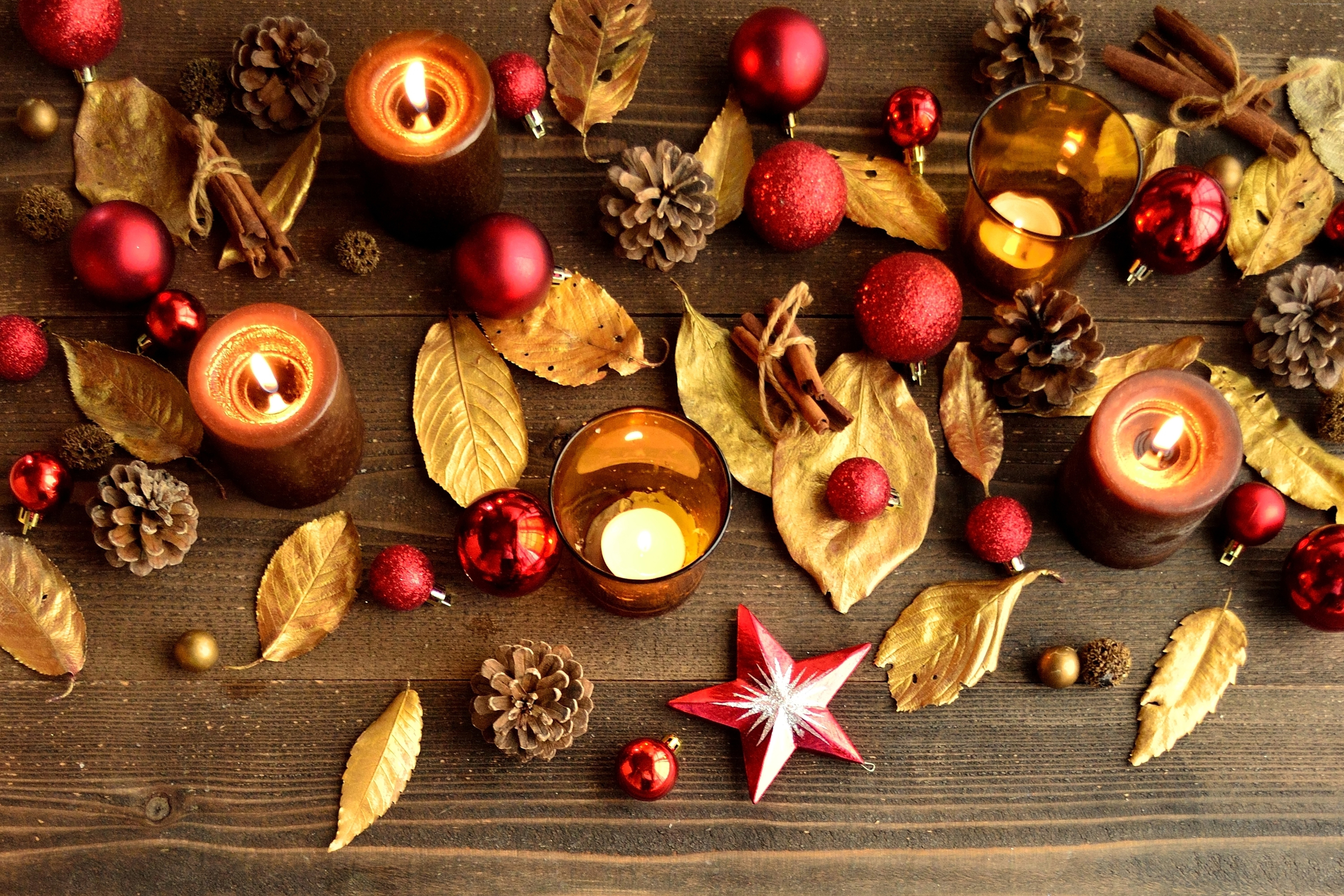 Christmas and New Year Decorations with Candles and Pine Cones HD Wallpaper