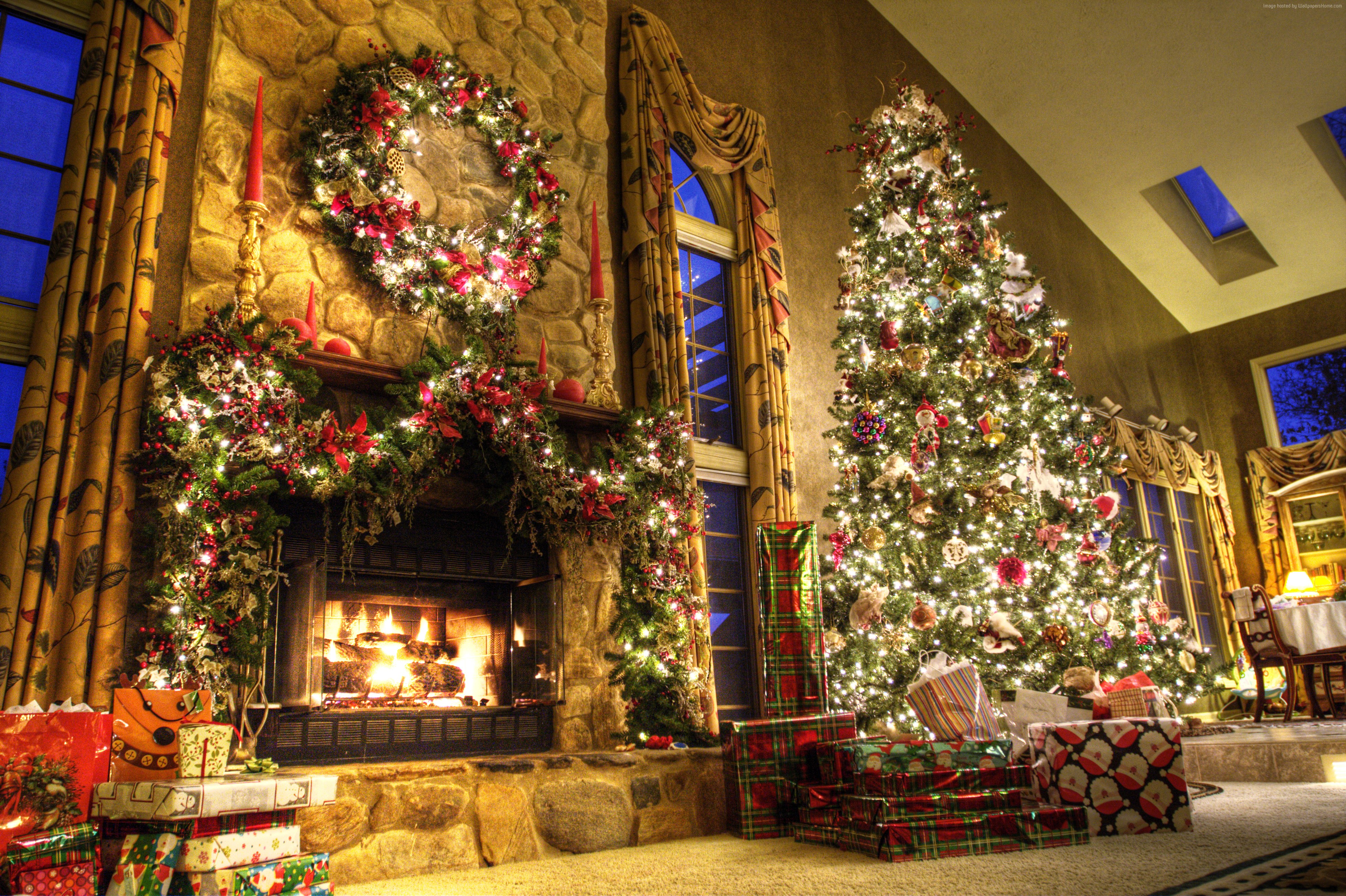 Christmas tree and fireplace with gifts HD Wallpaper
