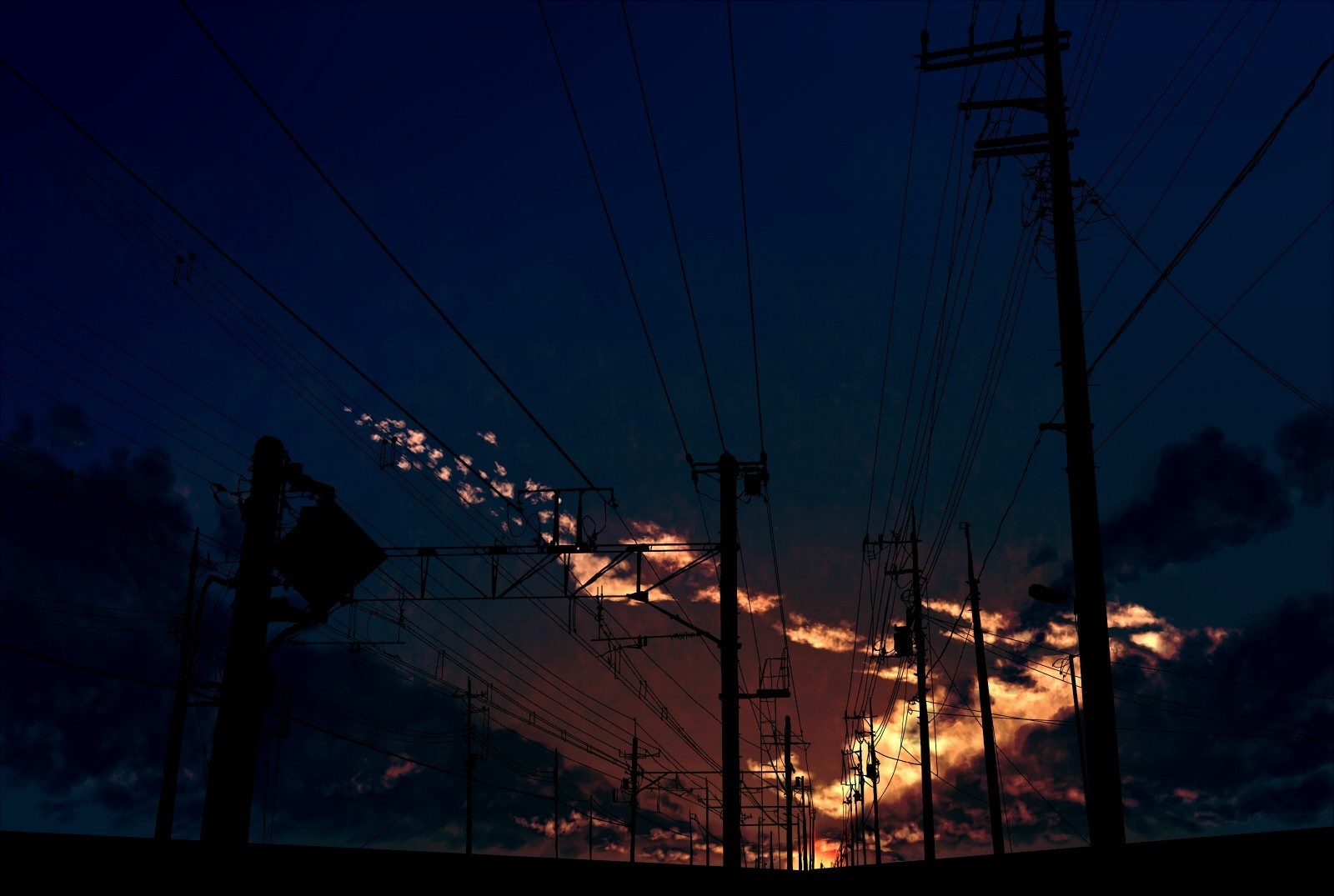 Silhouette of power lines against a sunset sky HD Wallpaper