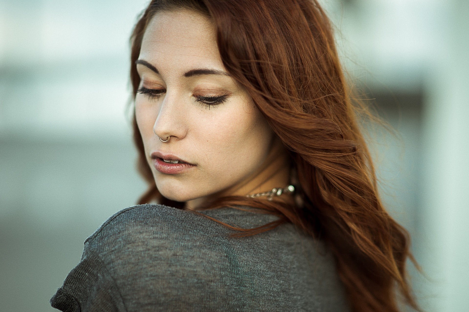Woman with red hair and nose ring, portrait HD Wallpaper