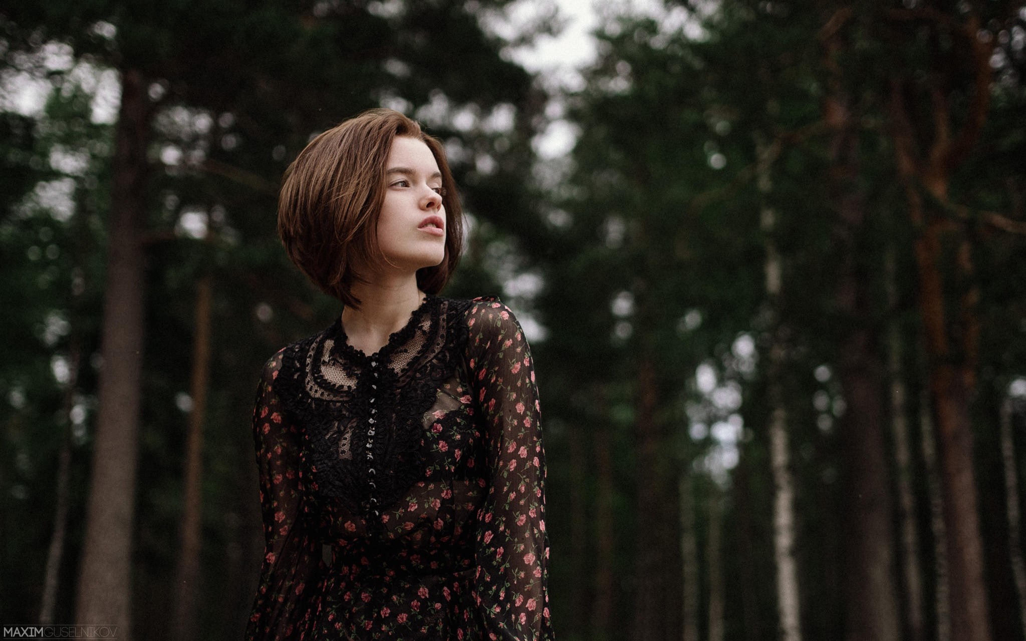 Woman with short hair in a floral dress in the forest HD Wallpaper