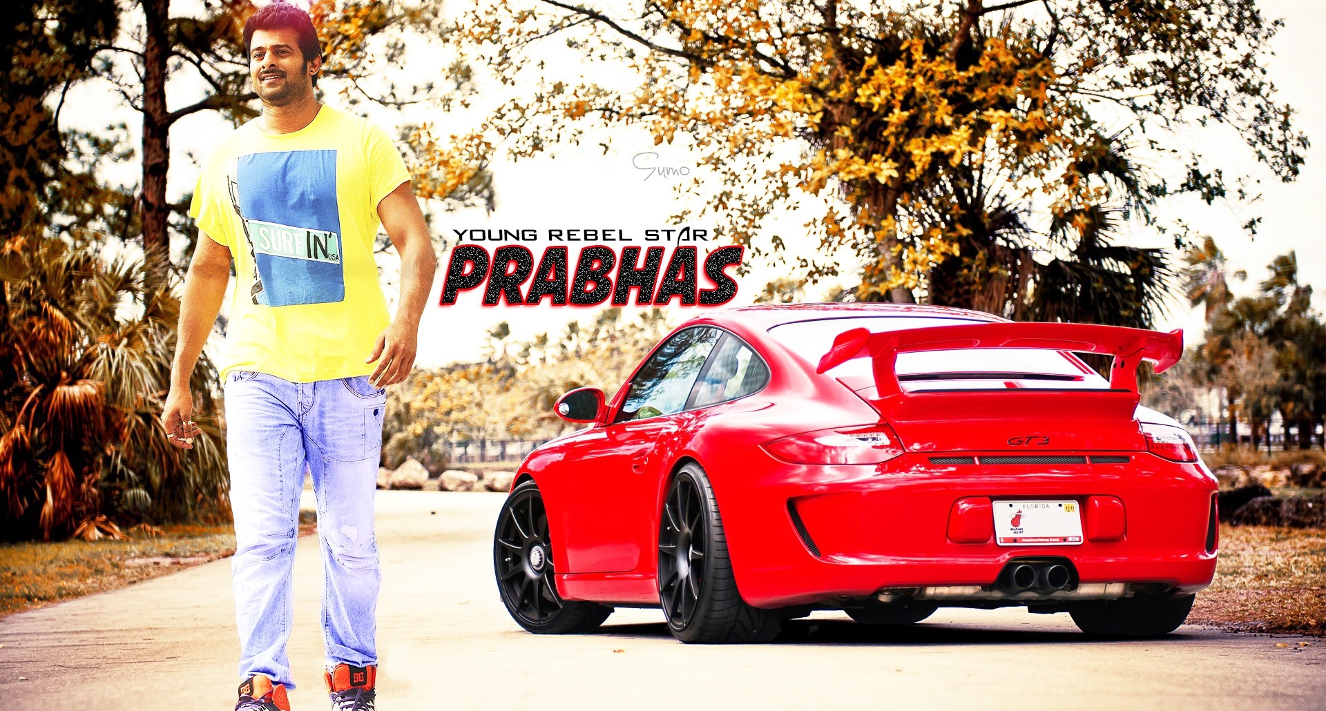 Prabhas with a red Porsche GT3 HD Wallpaper