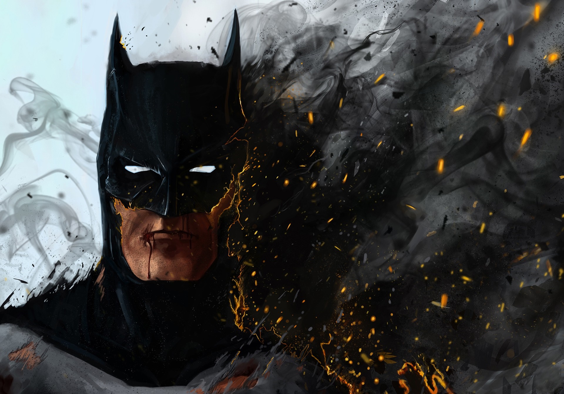 Artwork of Batman dissolving into smoke and embers HD Wallpaper