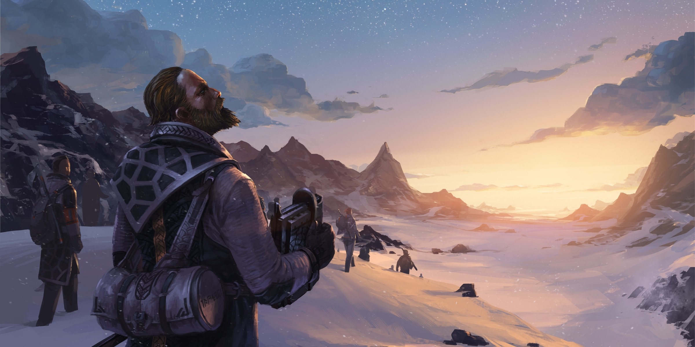 Fantasy art of travelers in a snowy mountain landscape at dawn HD Wallpaper