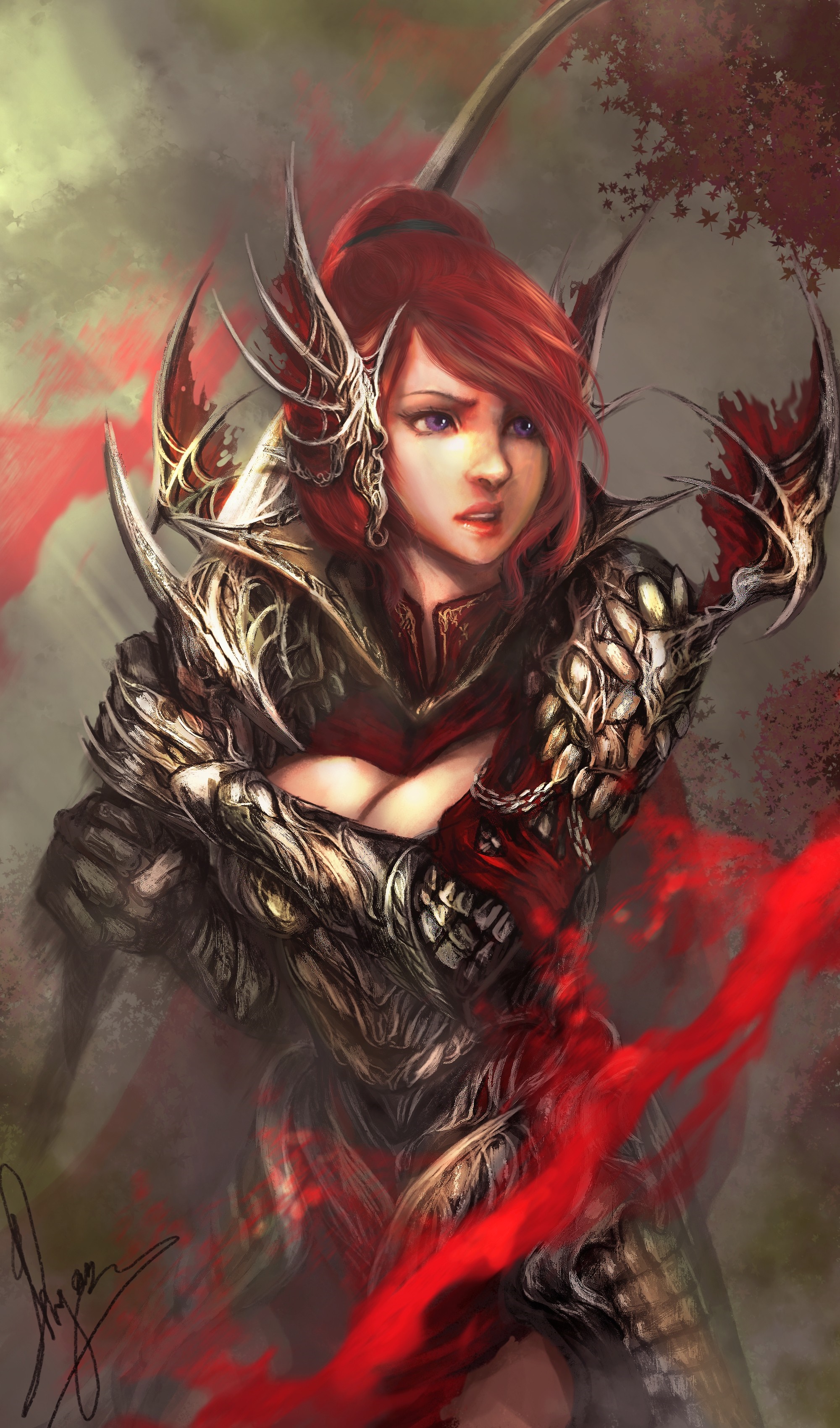 Woman warrior with red hair and ornate armor HD Wallpaper
