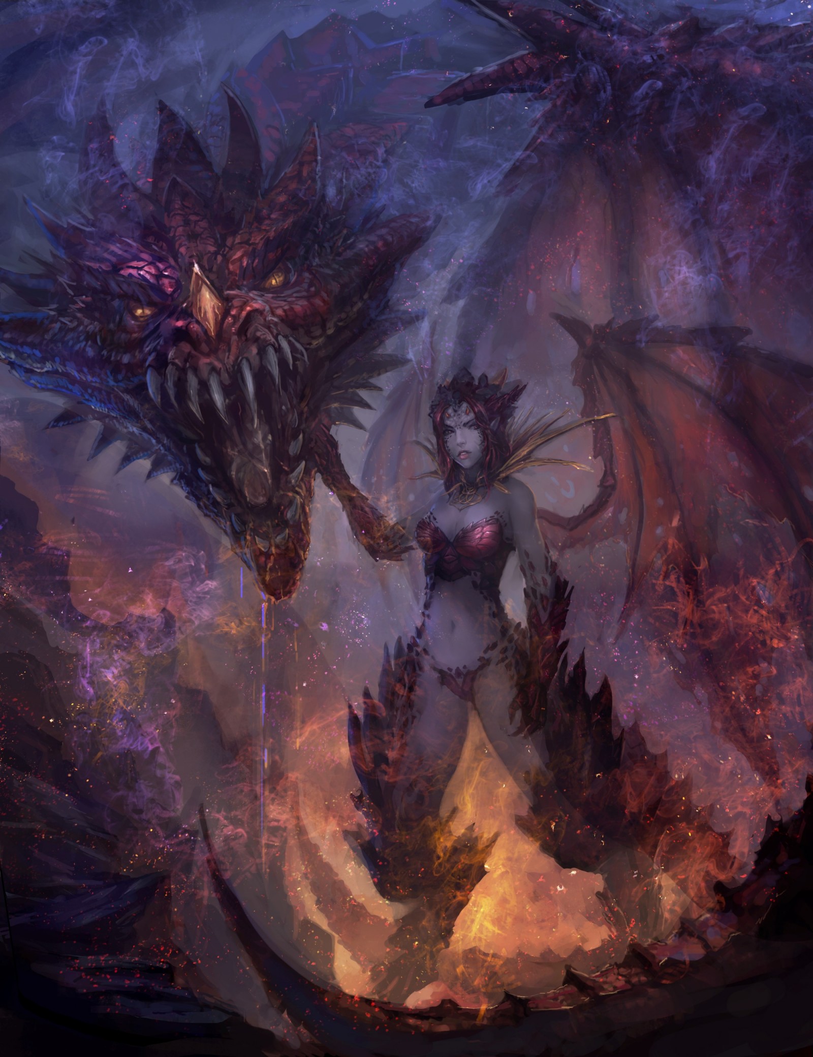 Dragon and a woman with dragon wings HD Wallpaper