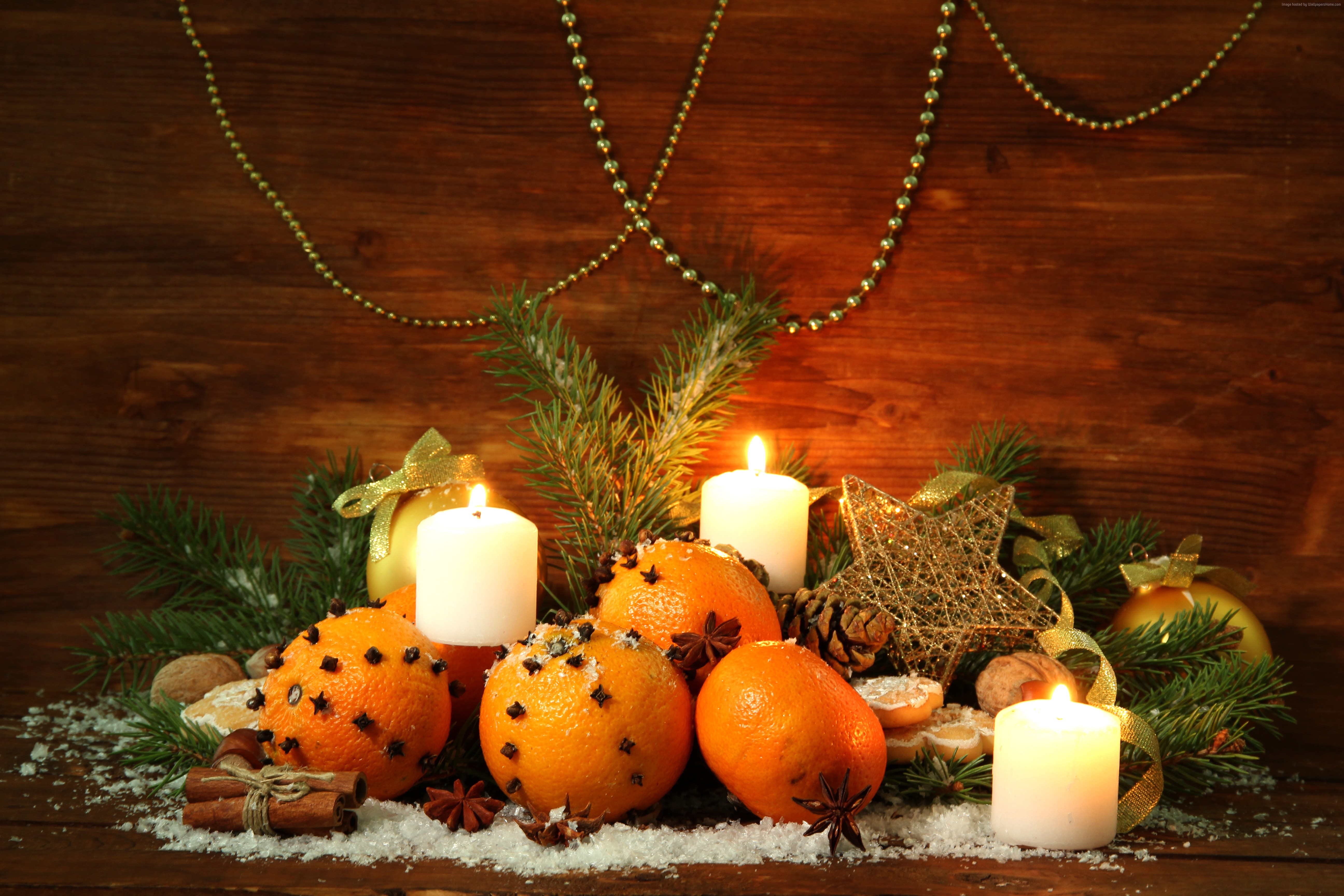 Christmas decoration with oranges, candles, and pine branches HD Wallpaper