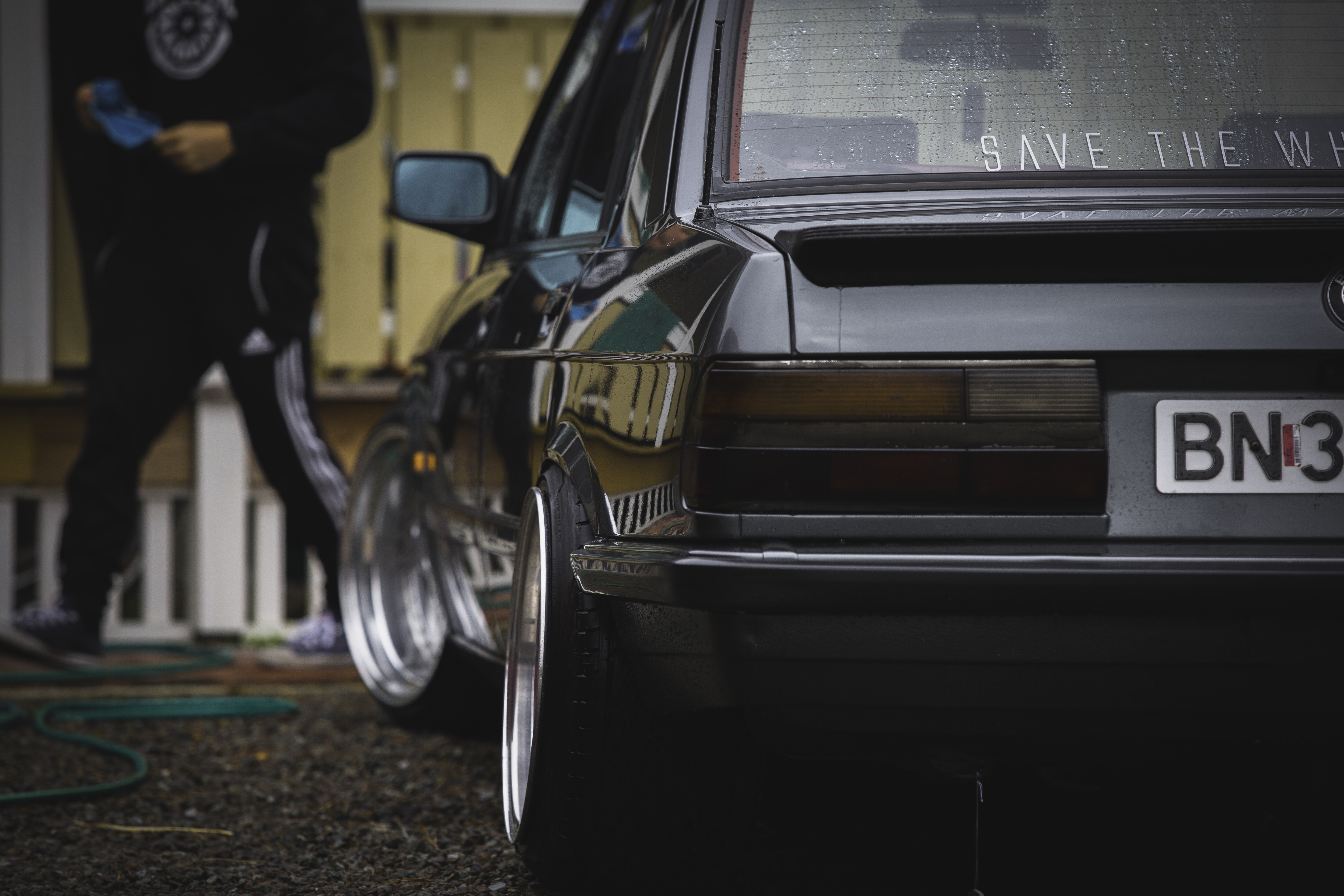 BMW E28 with custom wheels and "Save the Whales" sticker HD Wallpaper