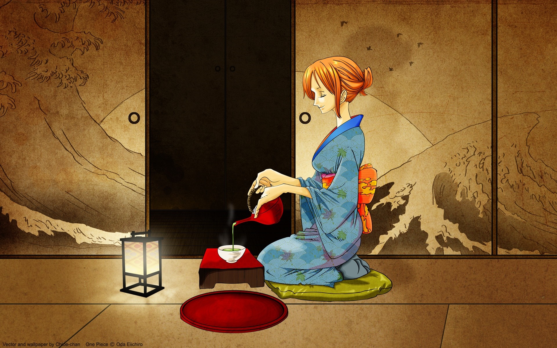 Nami from One Piece preparing tea in a Japanese room HD Wallpaper