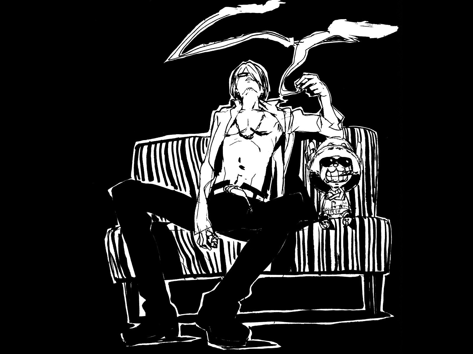 Sanji from One Piece sitting on a couch with a doll HD Wallpaper