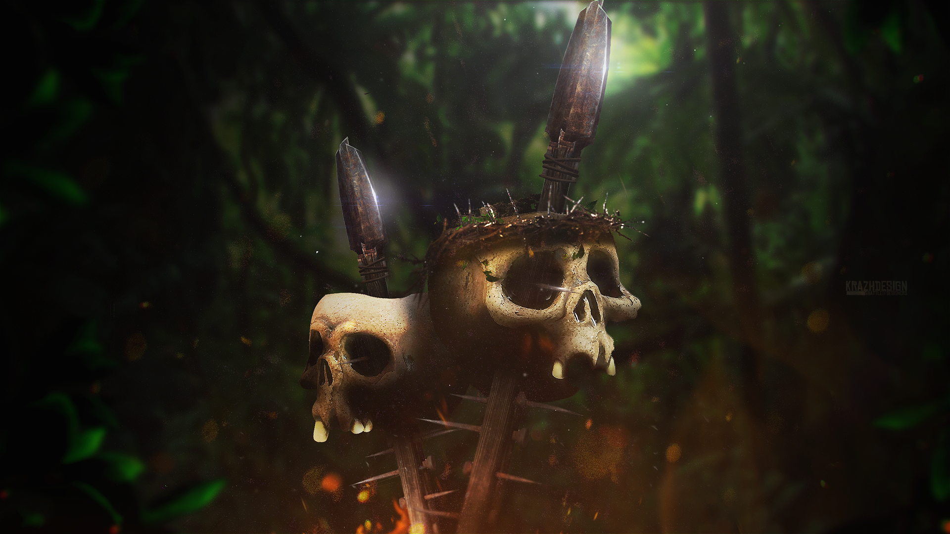 Skulls with spears and crown of thorns in forest HD Wallpaper