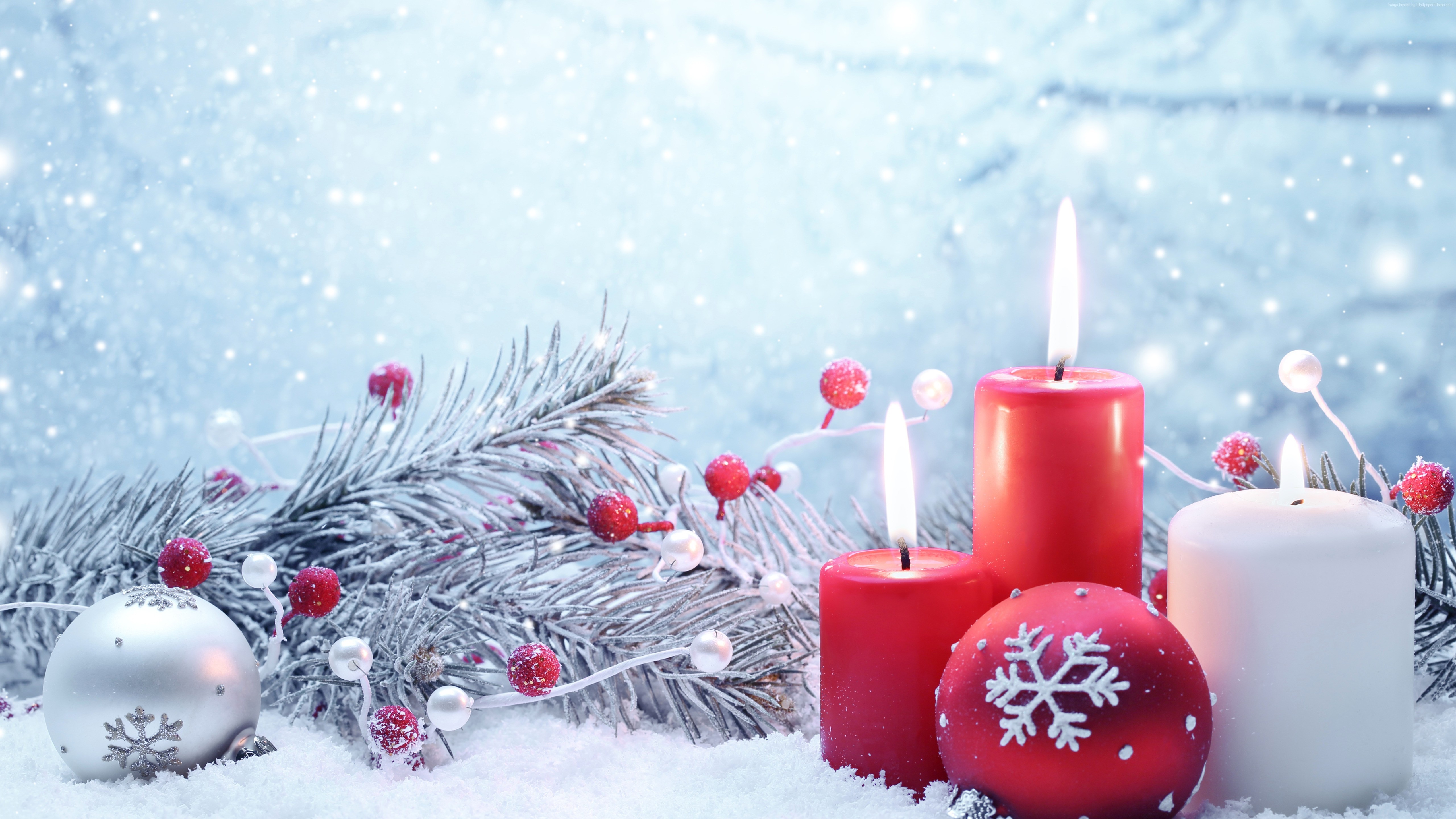 Christmas candles and decorations in snow HD Wallpaper