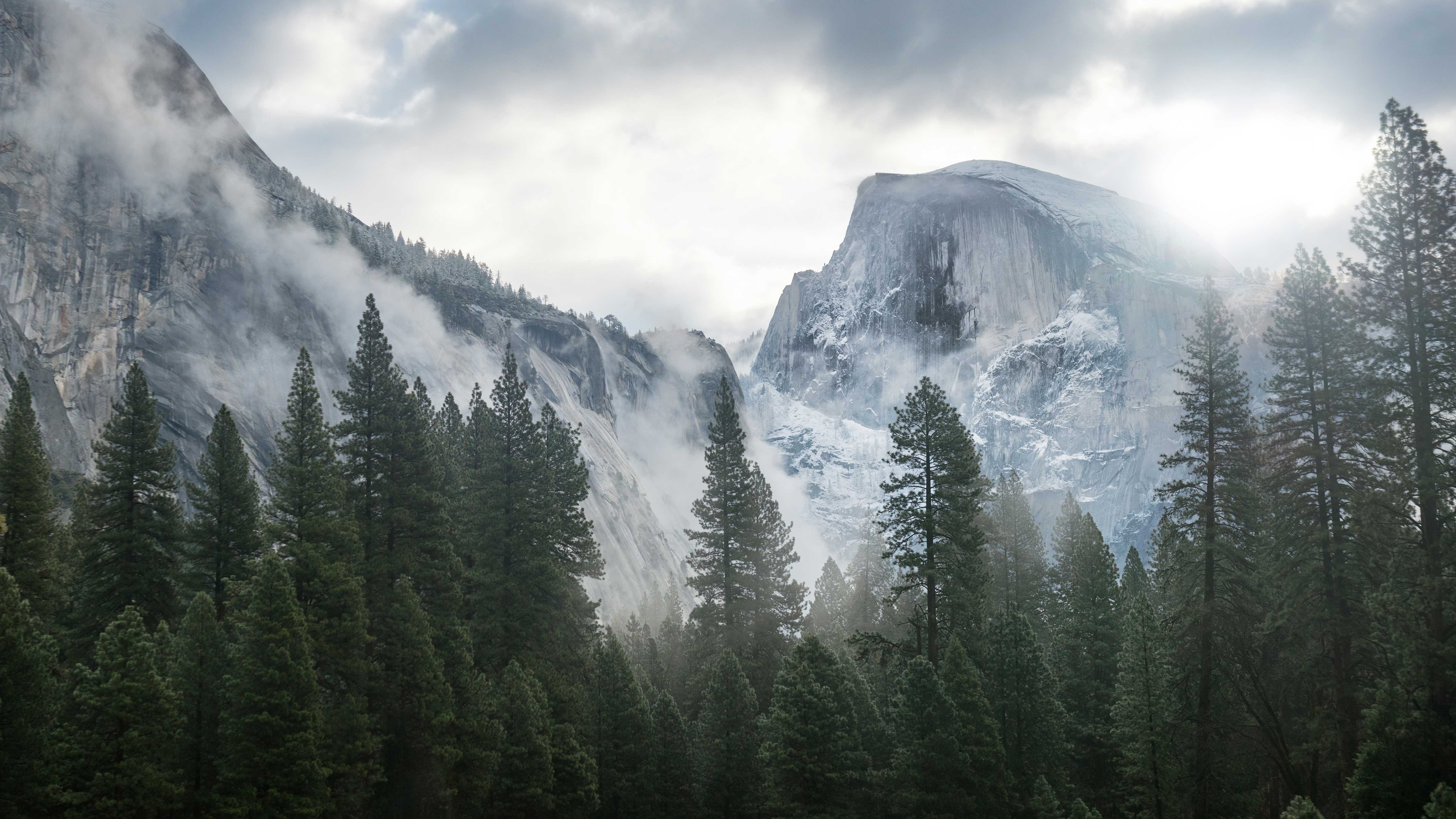 Misty Snow-Covered Mountain Valley at Morning HD Wallpaper