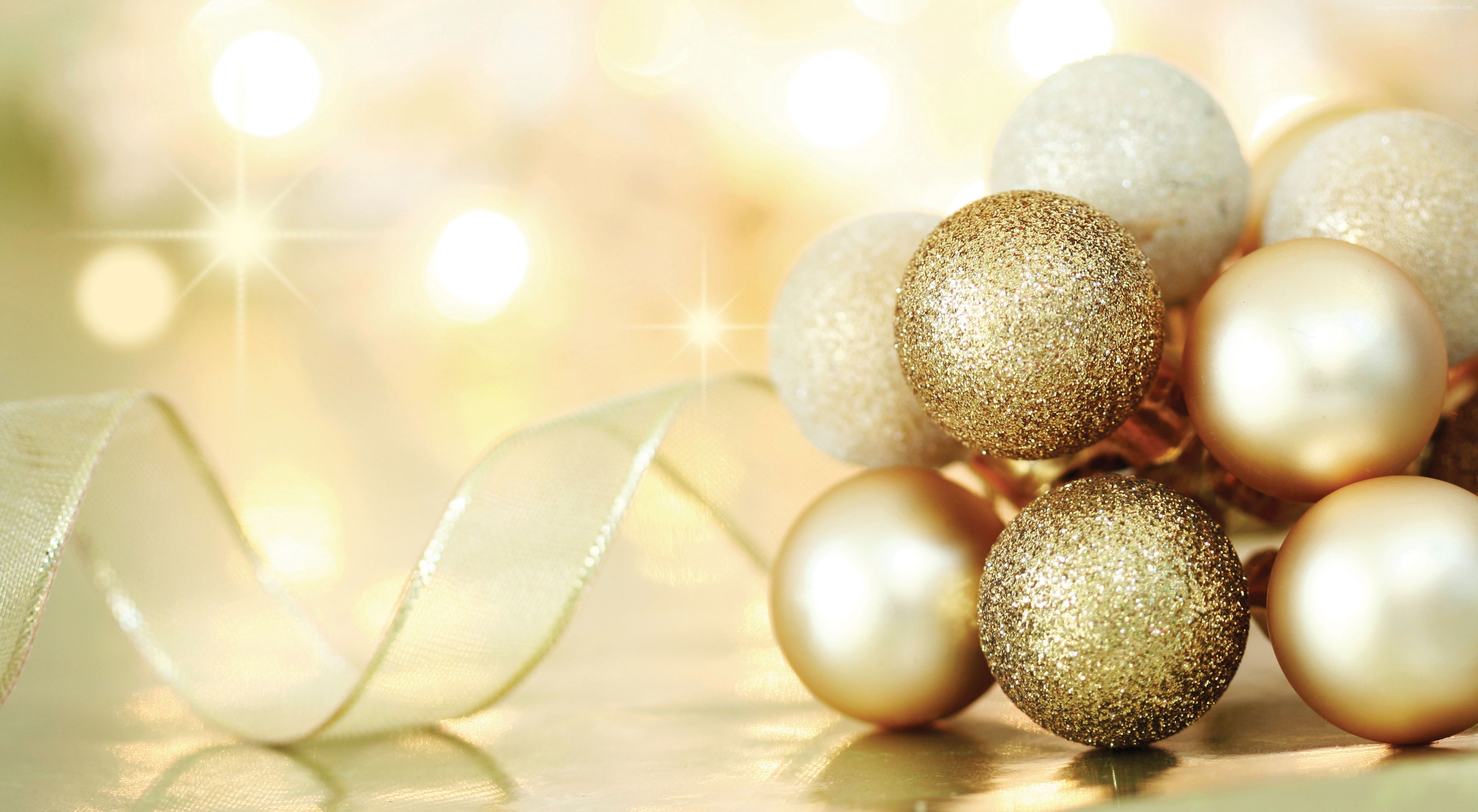 Christmas balls and ribbon with bokeh lights HD Wallpaper