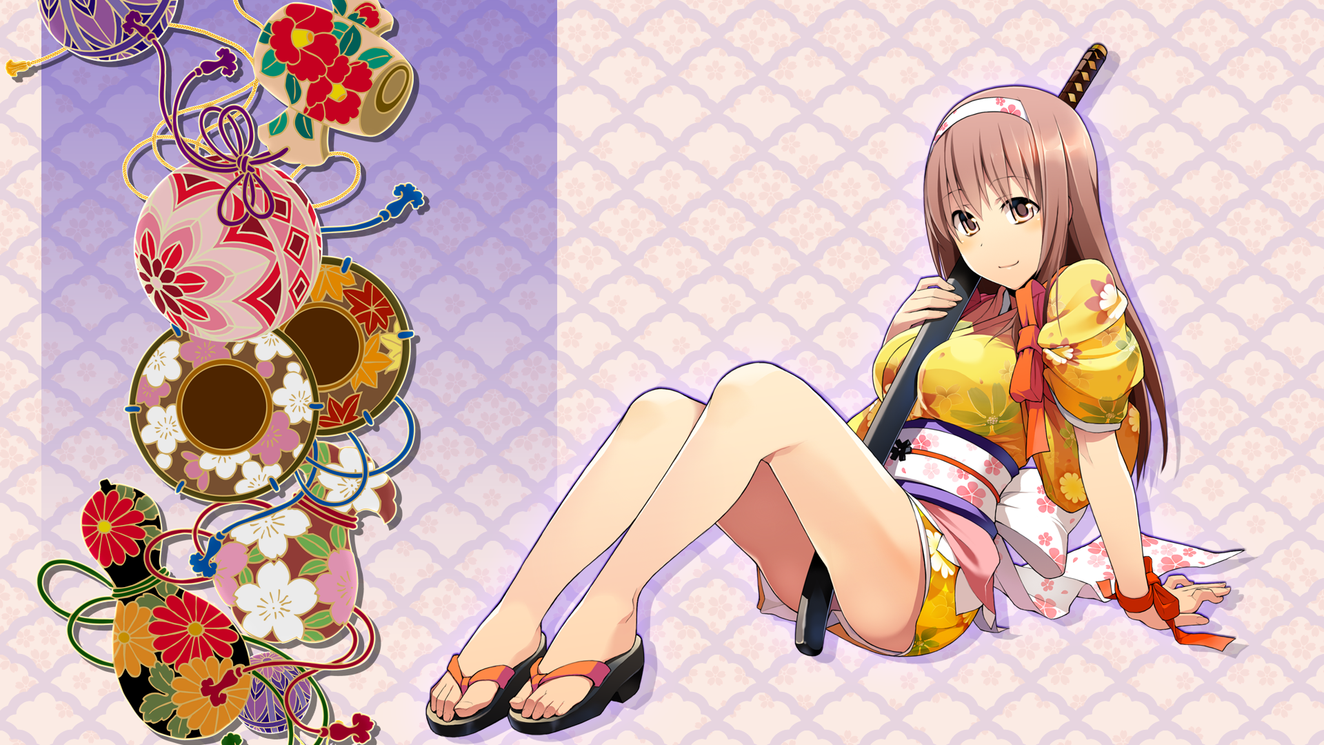 Anime girl in kimono with sword and Japanese decorations HD Wallpaper