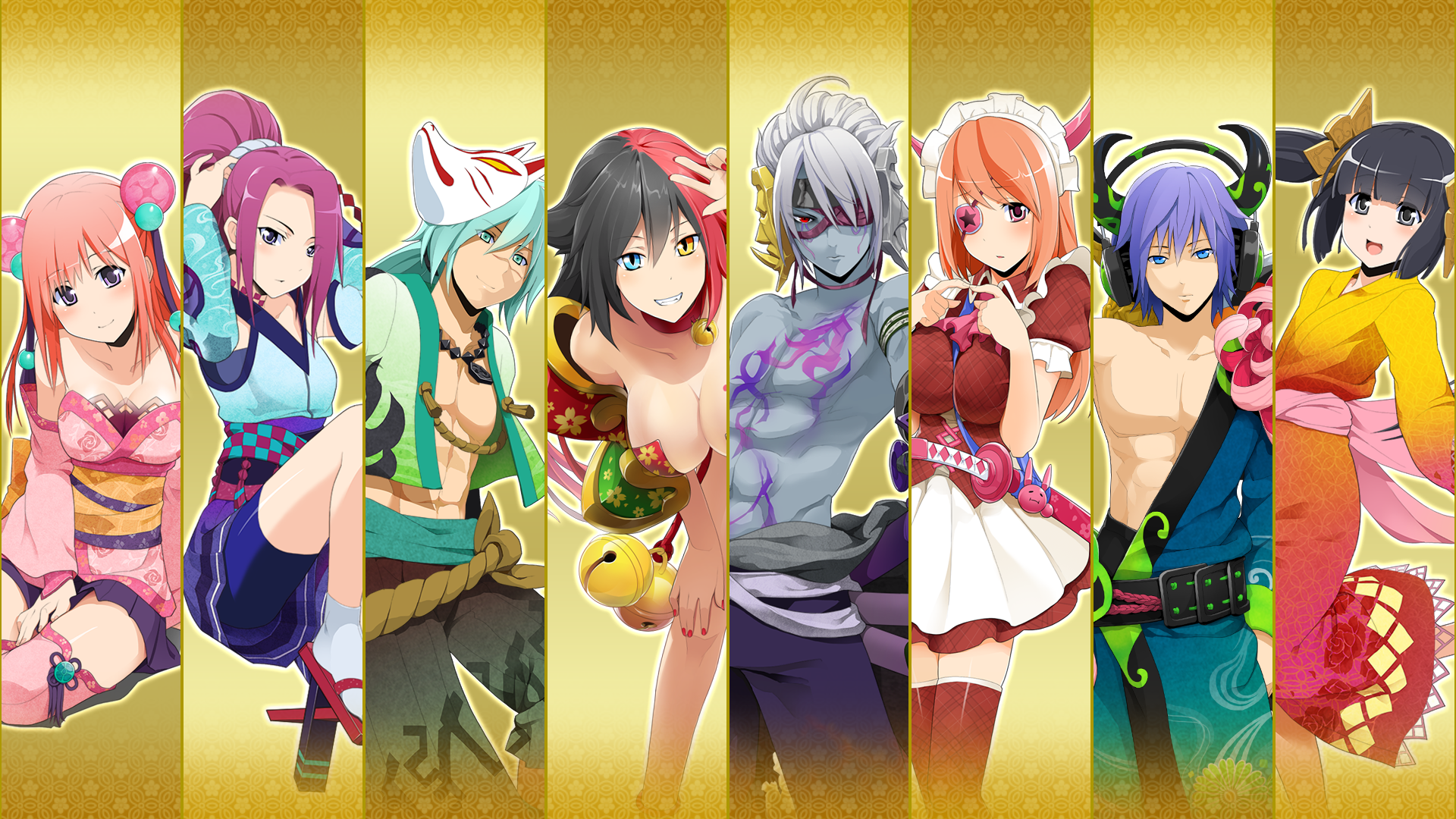 Group of anime characters in traditional Japanese attire HD Wallpaper