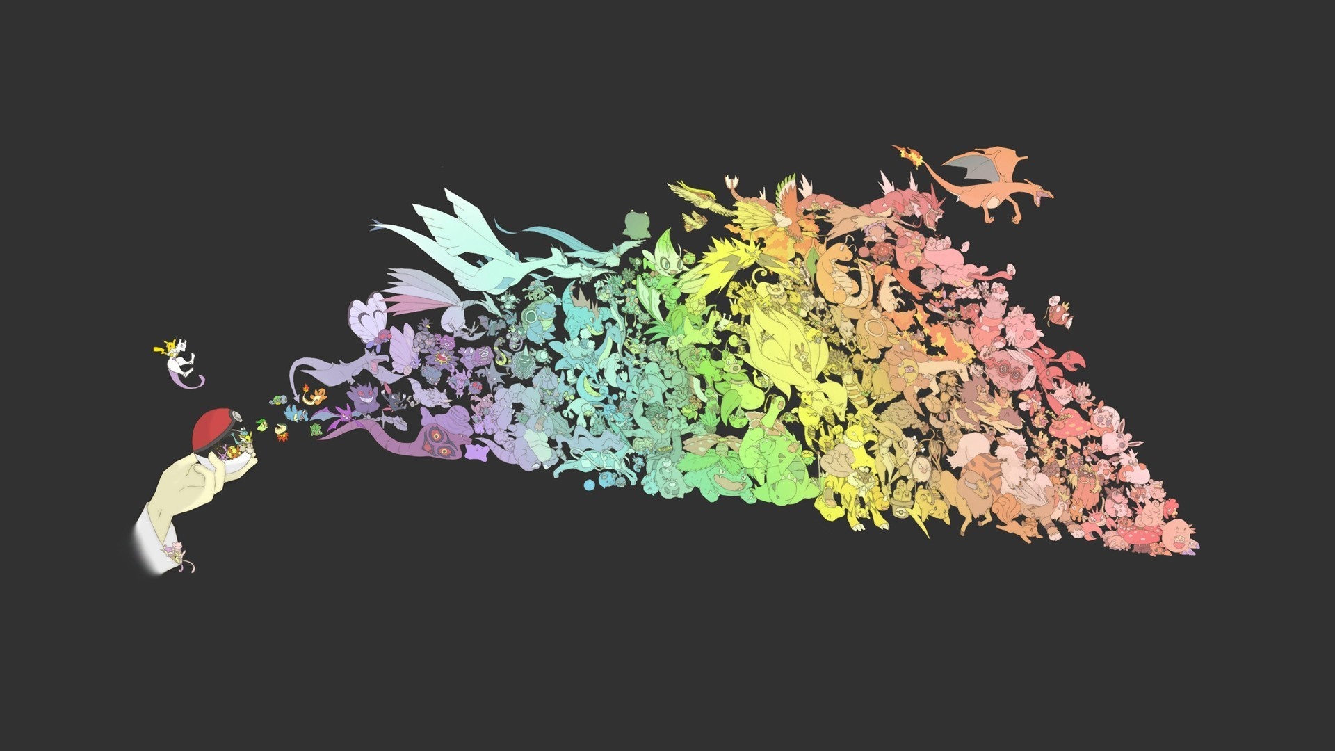 Pokemon illustration with a hand holding a Pokeball HD Wallpaper
