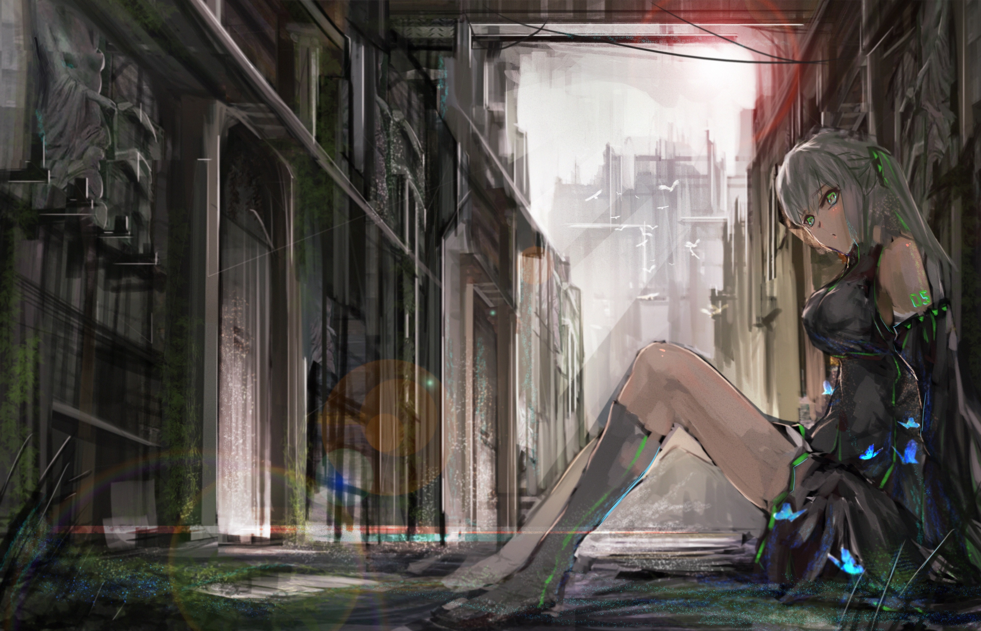 Girl with teal hair and green eyes in a ruined city HD Wallpaper