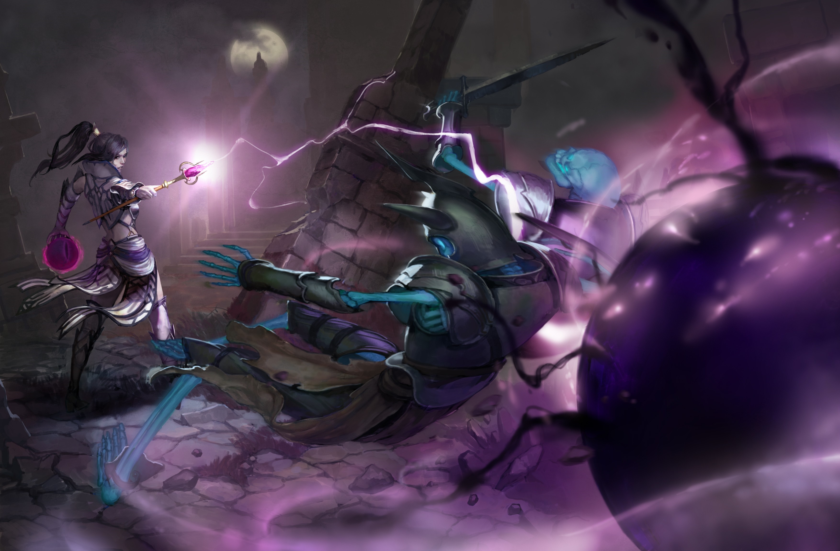 Fantasy art of a witch fighting a mechanical creature HD Wallpaper