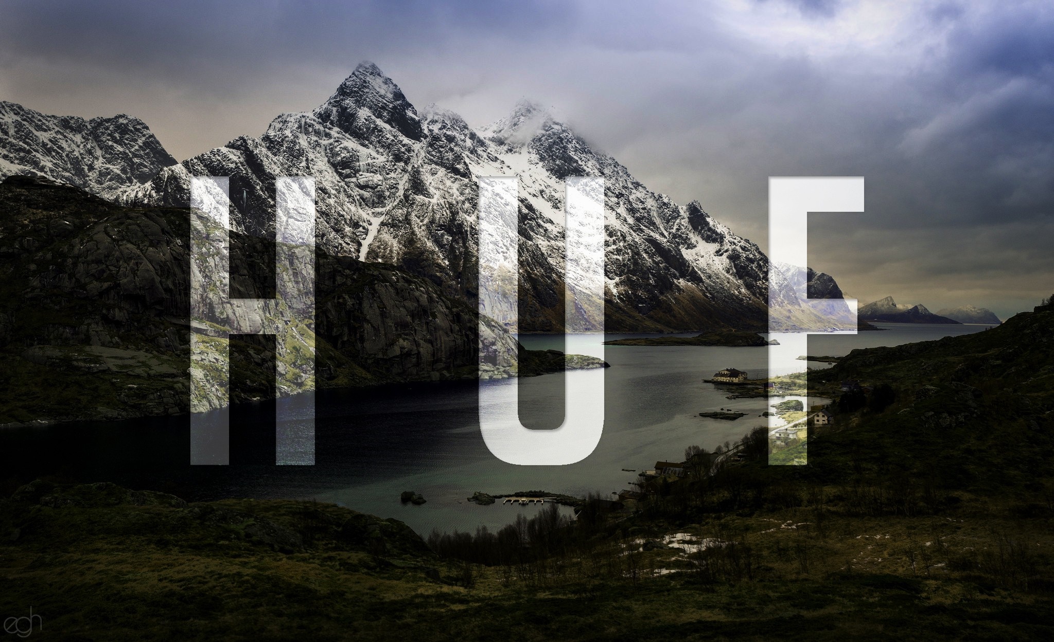 HU F text over snowy mountains and lake landscape HD Wallpaper