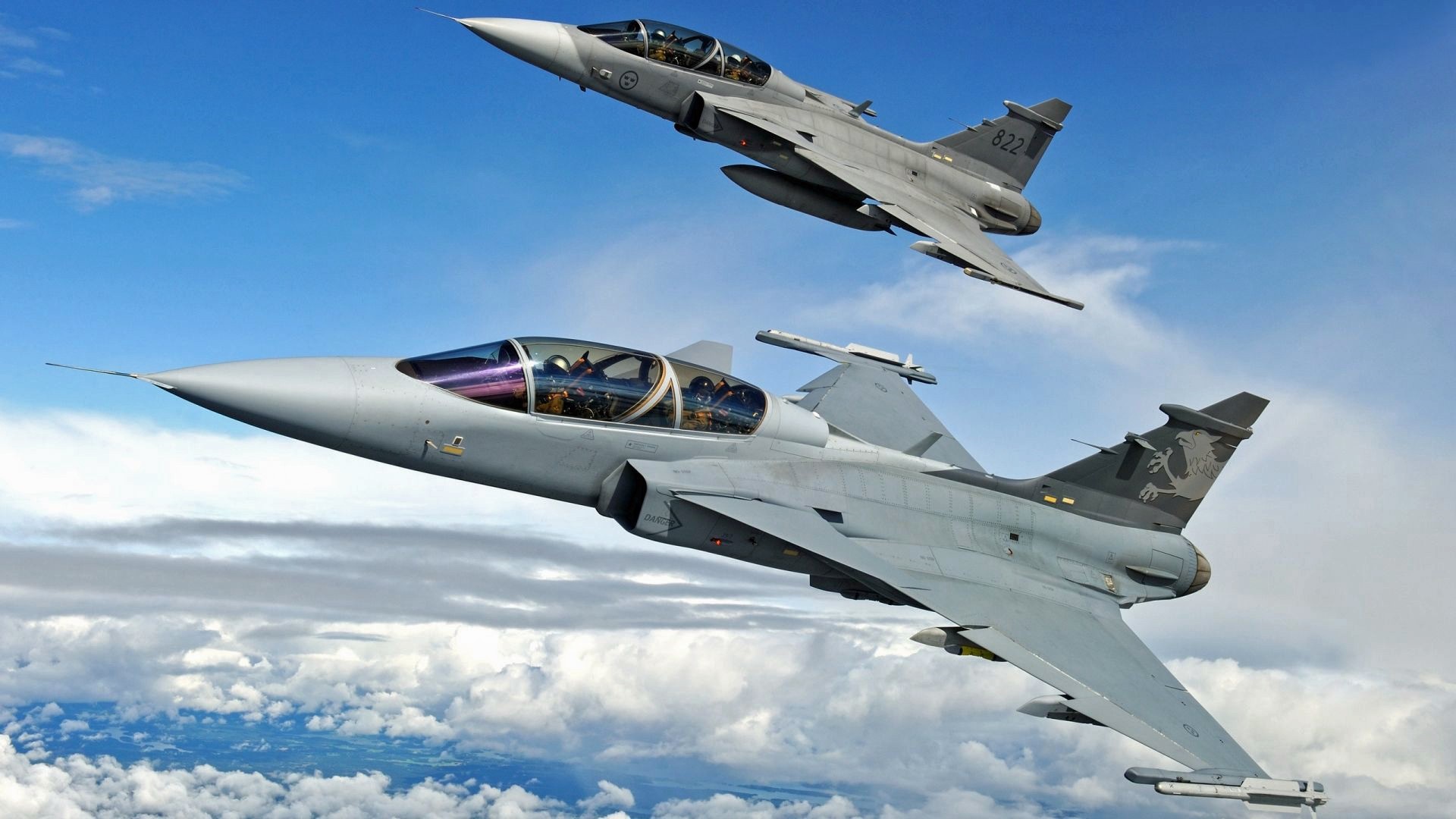 Two Saab JAS 39 Gripen fighter jets in flight HD Wallpaper