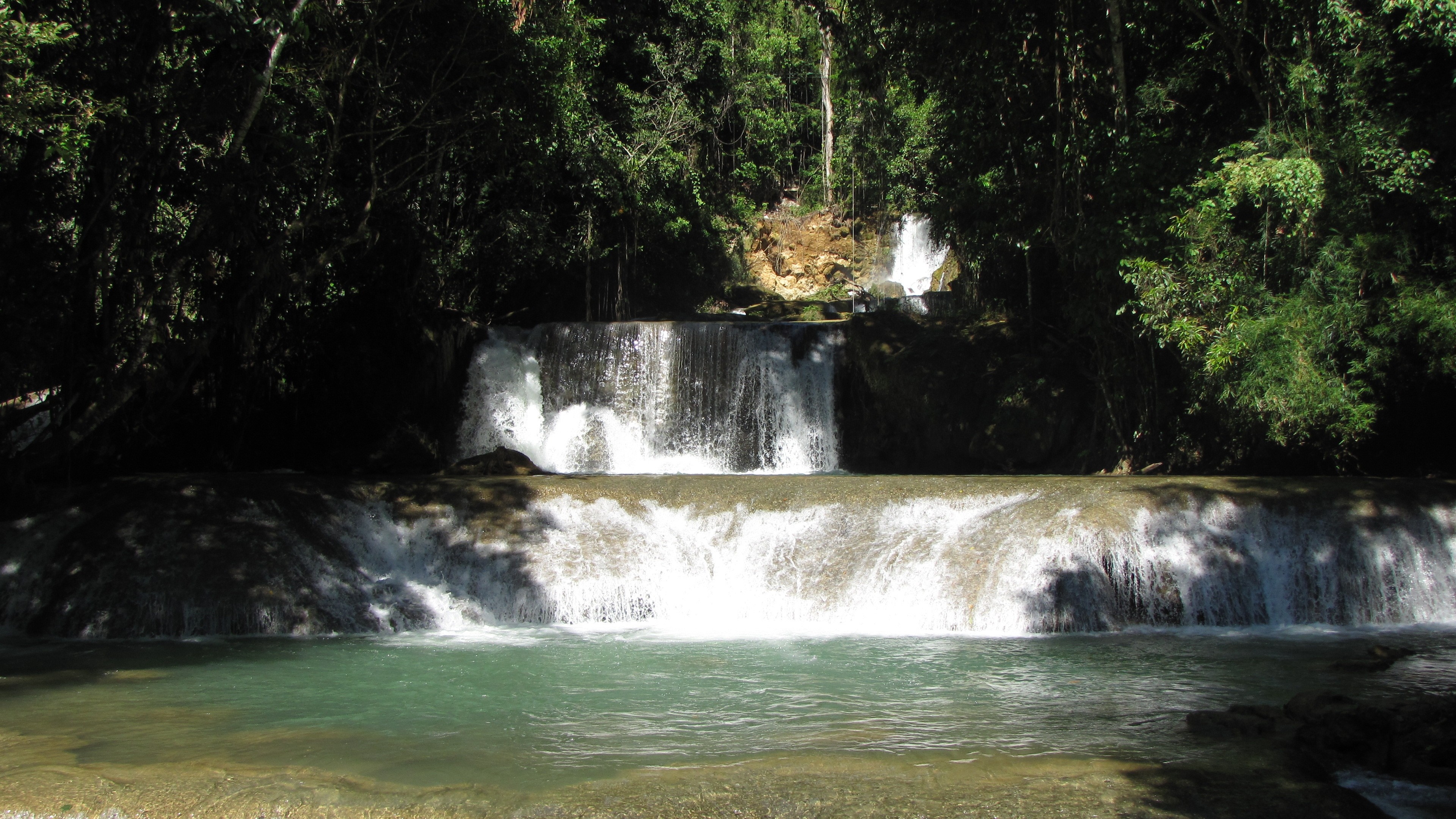 Waterfalls in a lush green forest HD Wallpaper